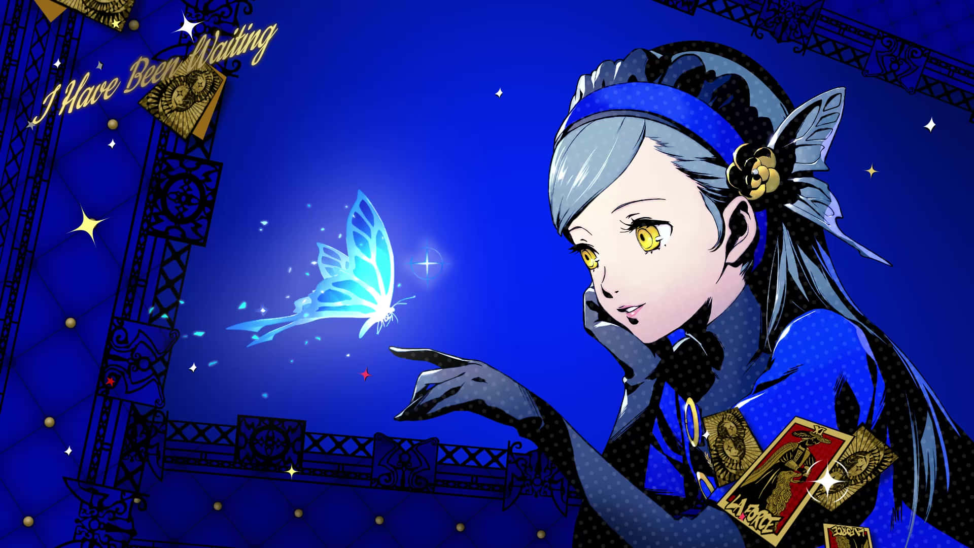 人格面具 桌布 壁紙 — 一個藍髮的動漫女孩穿著藍色服裝，在星光燦爛的夜空和舞台燈光下，溫柔地伸手觸碰一隻發光的蝴蝶。