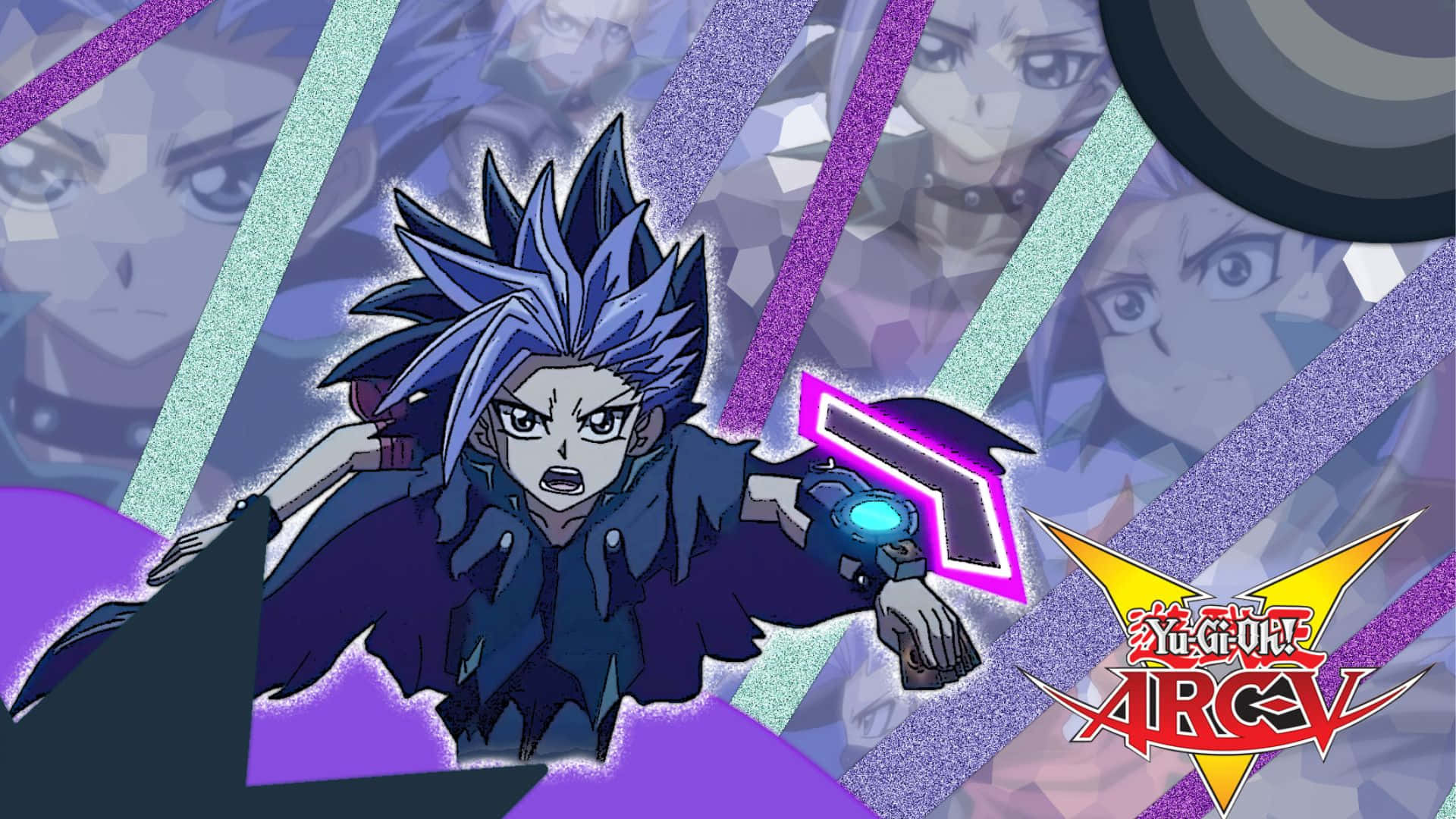 Yu-gi-oh Yuto 桌布 壁紙 — 一個藍髮的動漫角色，戴著發光的護手，在閃爍的紫色和藍綠色幾何背景前衝鋒。