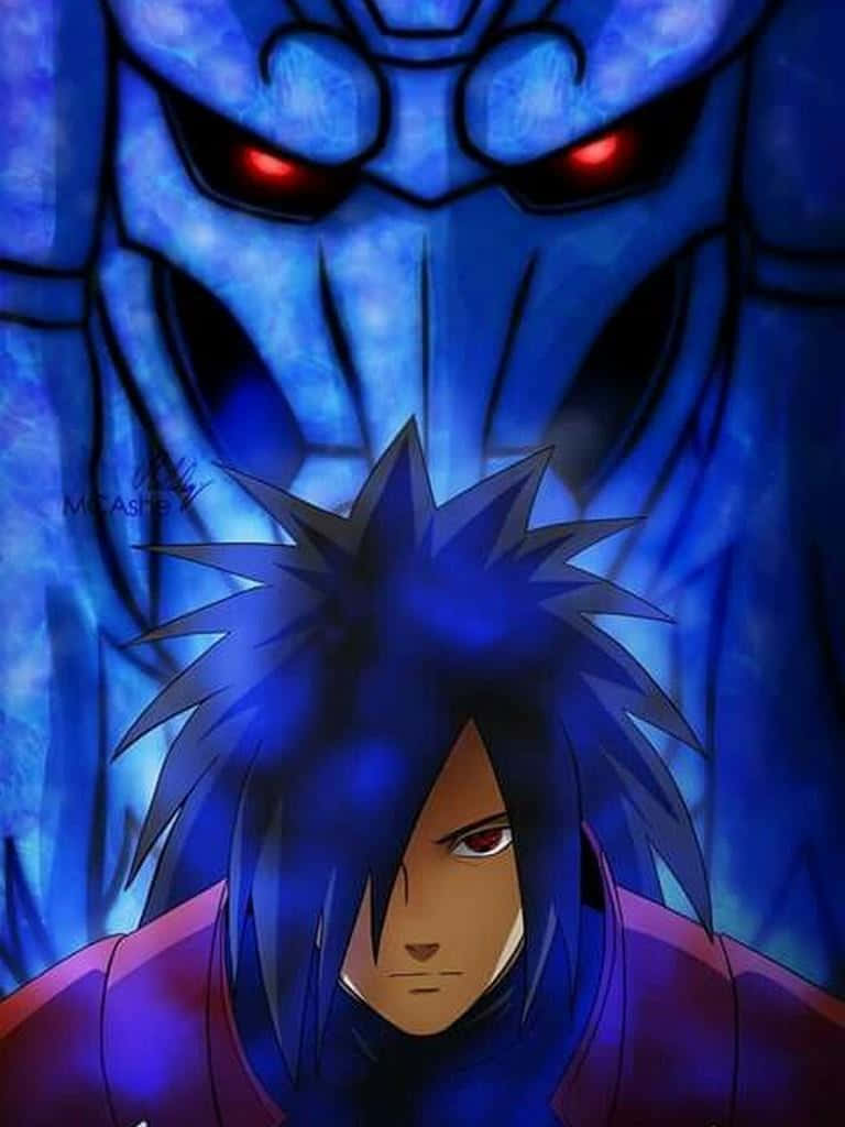 Madara Cool 桌布 壁紙 — 一個藍髮的動漫角色直視前方，身後有一個高大的藍色惡魔，雙眼發出紅光。