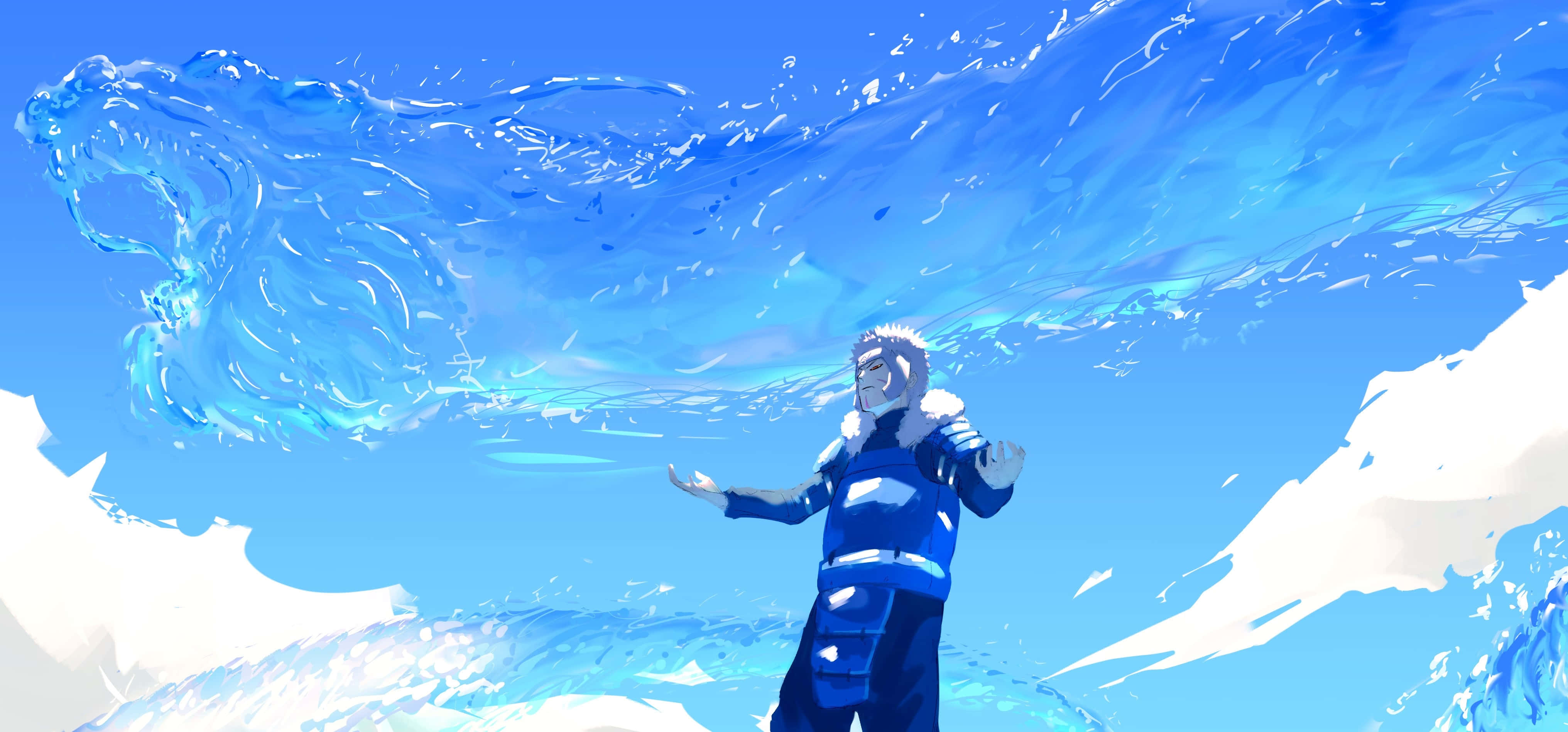 tobirama senju 桌布 壁紙 — 一個藍髮的動漫角色穿著藍色服裝，站在明亮的藍天下，周圍是旋轉的水和雪。