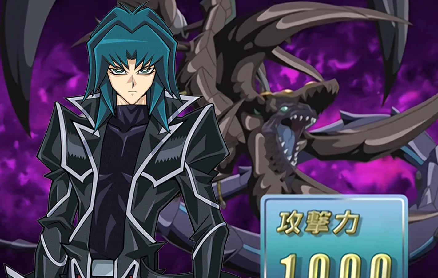 Zane Truesdale 桌布 壁紙 — 一個藍髮的動漫角色穿著黑色盔甲，站在紫色暴風雨背景前，面對一頭咆哮的黑暗巨龍。