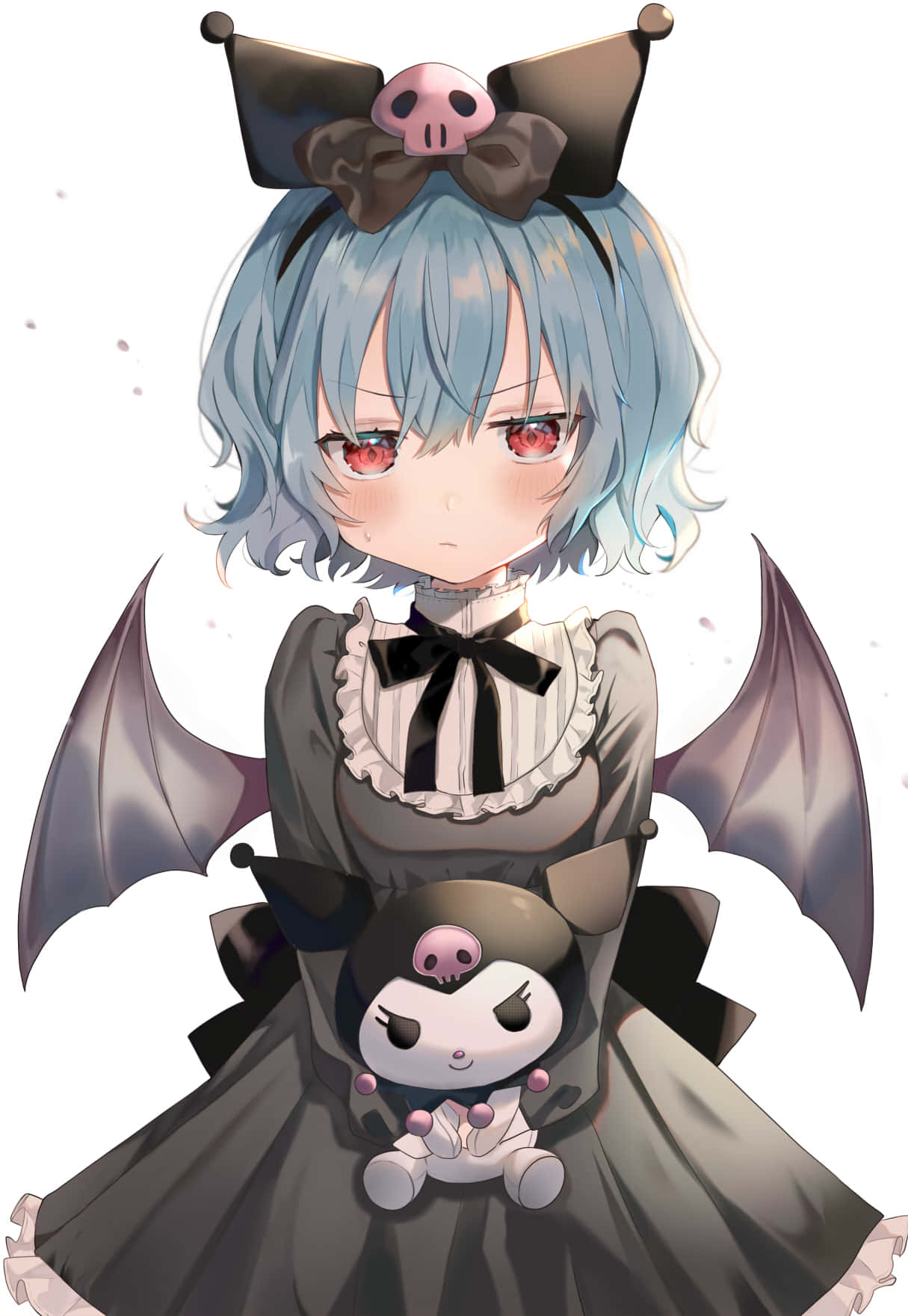 Kuromi Fanart 桌布 壁紙 — 一個藍髮紅眼的Q版動漫女孩，穿著帶有蝙蝠翅膀的哥德式連衣裙，手持骷髏主題絨毛玩具。