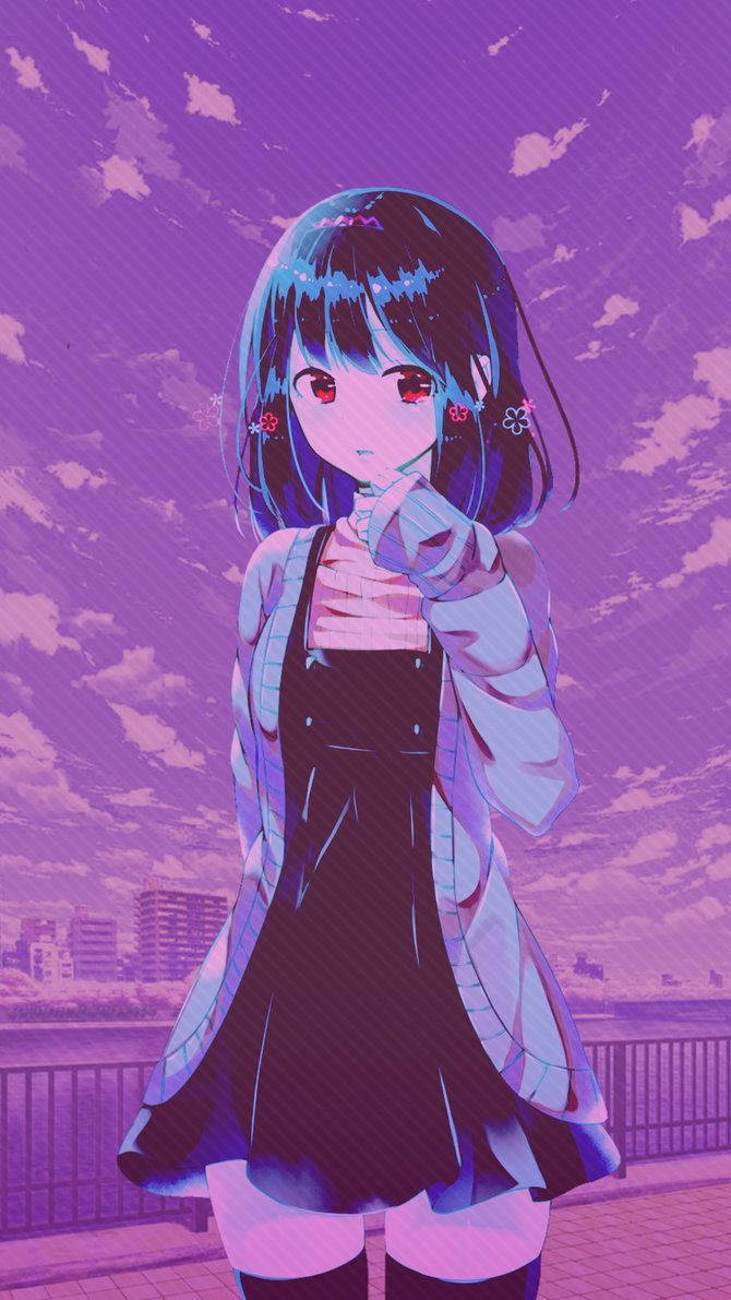 Aesthetic Anime Phone 桌布 壁紙 — 一個藍髮紅眼的年輕動漫女孩，在點綴著雲朵的充滿活力的紫色天空下，若有所思地站在欄杆上。