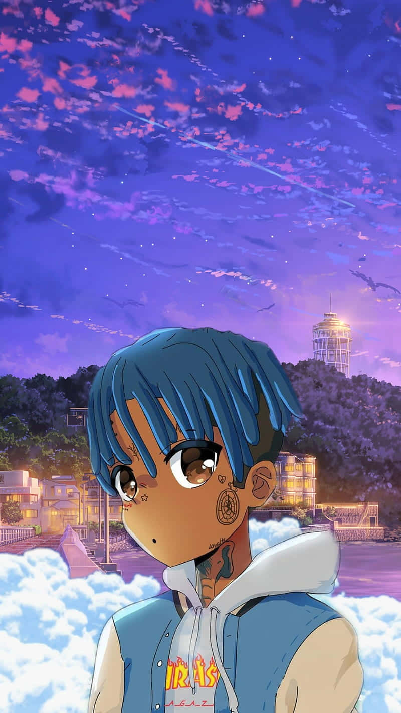 Rapper Cartoon 桌布 壁紙 — 一個藍髮紋身動漫角色抬頭望向充滿活力的紫色暮色天空，下方是閃爍的城市燈光。