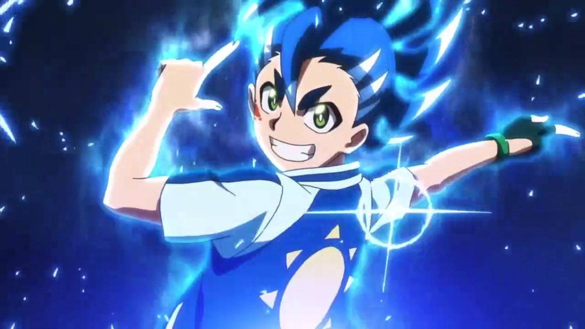 Burst 桌布 壁紙 — 一個藍髮綠眼的動漫男孩在黑暗的宇宙背景下自信地微笑，周圍環繞著藍色電能劈啪作響。