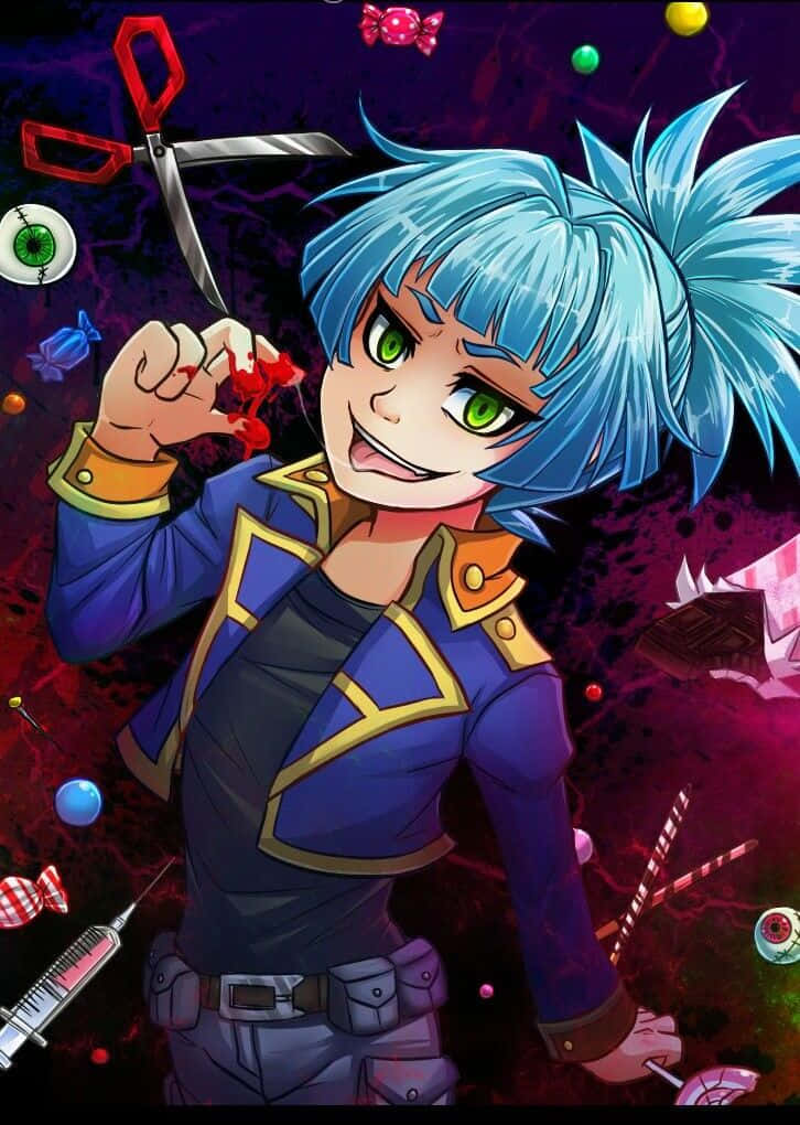 Sora Shiunin 桌布 壁紙 — 一個藍髮綠眼的動漫角色，在充滿糖果和注射器的深紫色背景前，握著滴血的剪刀。