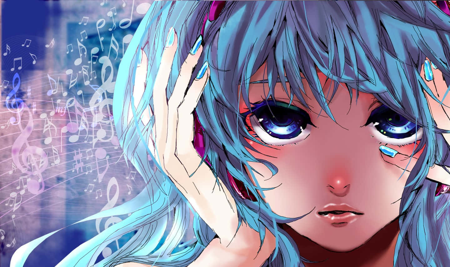 初音未來 桌布 壁紙 — 一個藍髮藍眼動漫少女的特寫，被漂浮的音樂符號環繞，呈現充滿活力的數位藝術風格。