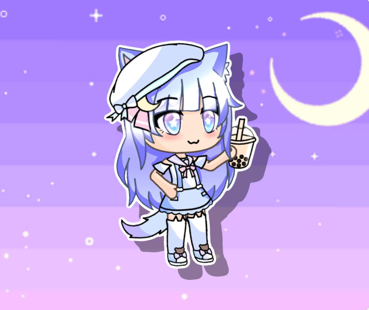 Gacha Life Cute 桌布 壁紙 — 一個藍髮貓耳的Q版動漫女孩在星夜紫色天空的新月下拿著一杯珍珠奶茶。
