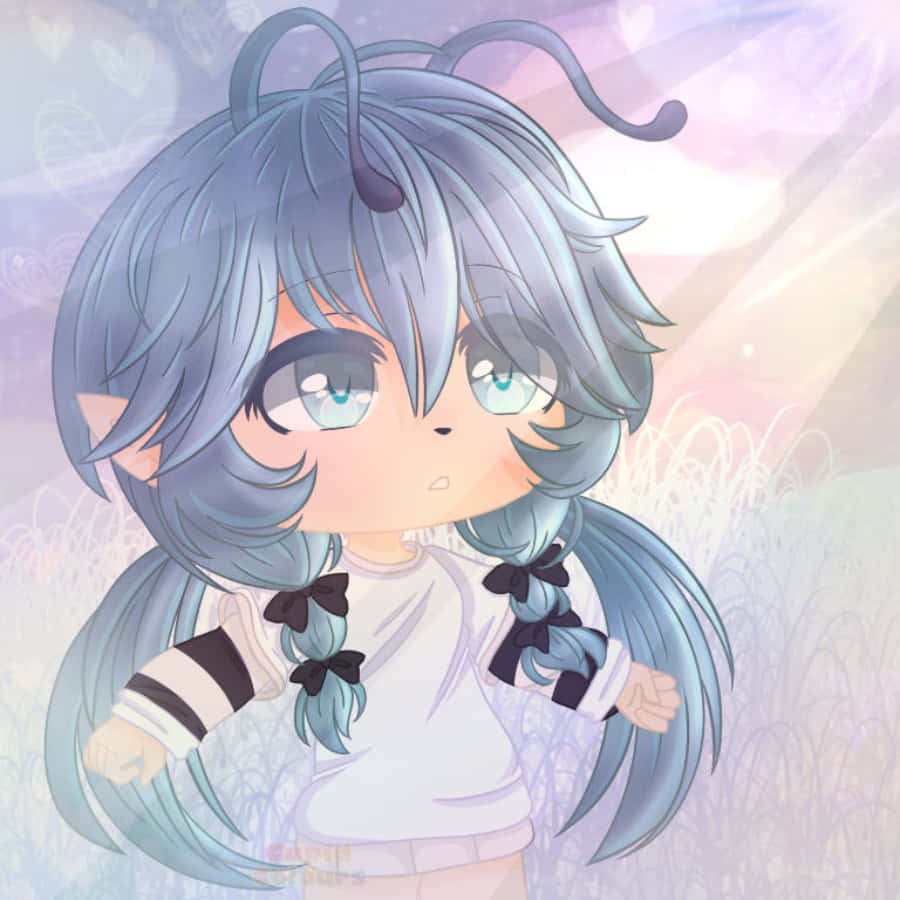 Gacha Life 桌布 壁紙 — 一個藍髮貓耳的Q版動漫女孩站在柔和的粉彩田野中，天空如夢似幻。