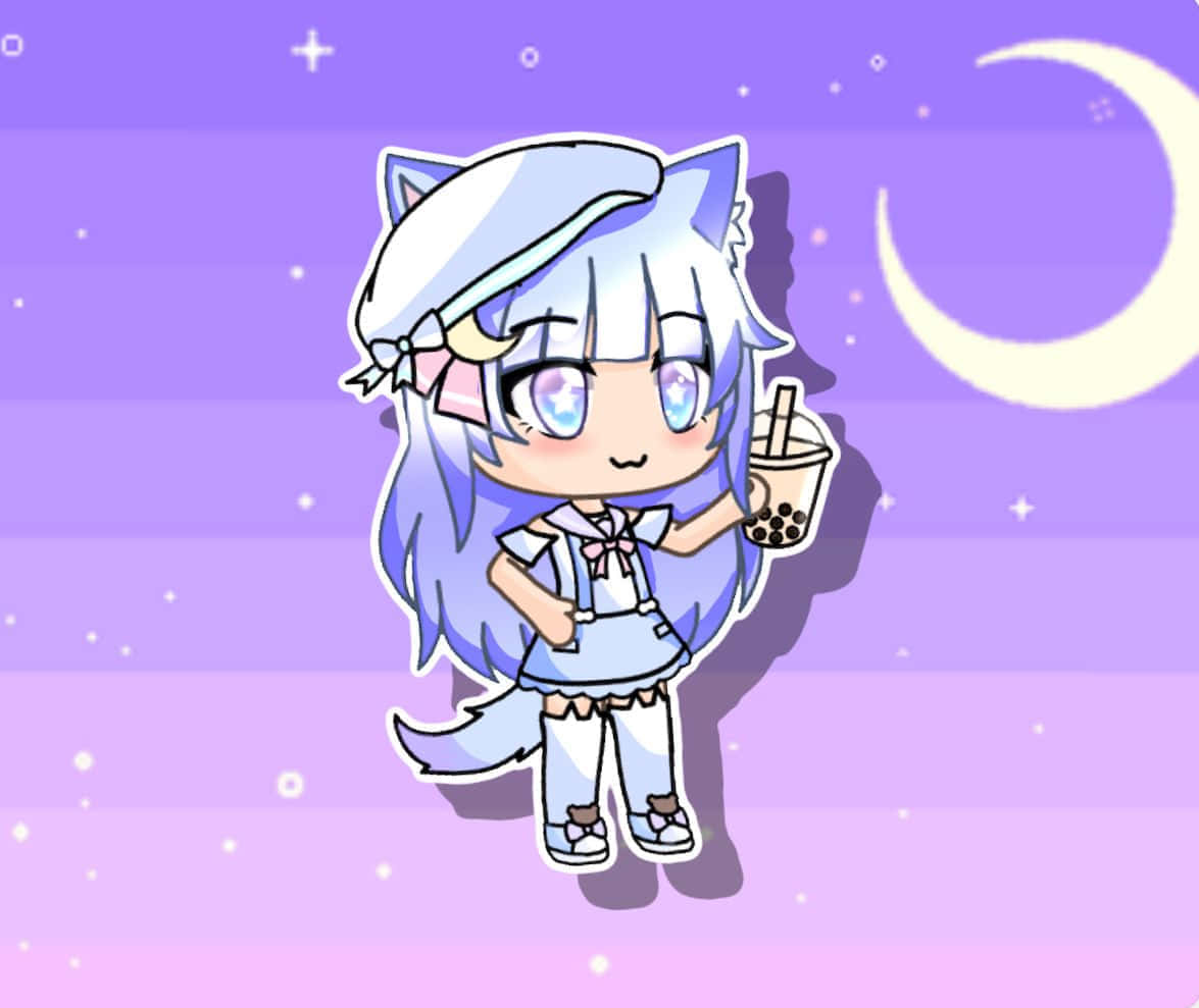 Gacha Life 桌布 壁紙 — 一個藍髮貓耳的可愛動漫女孩，在彎月和星星下拿著一杯泡泡茶。