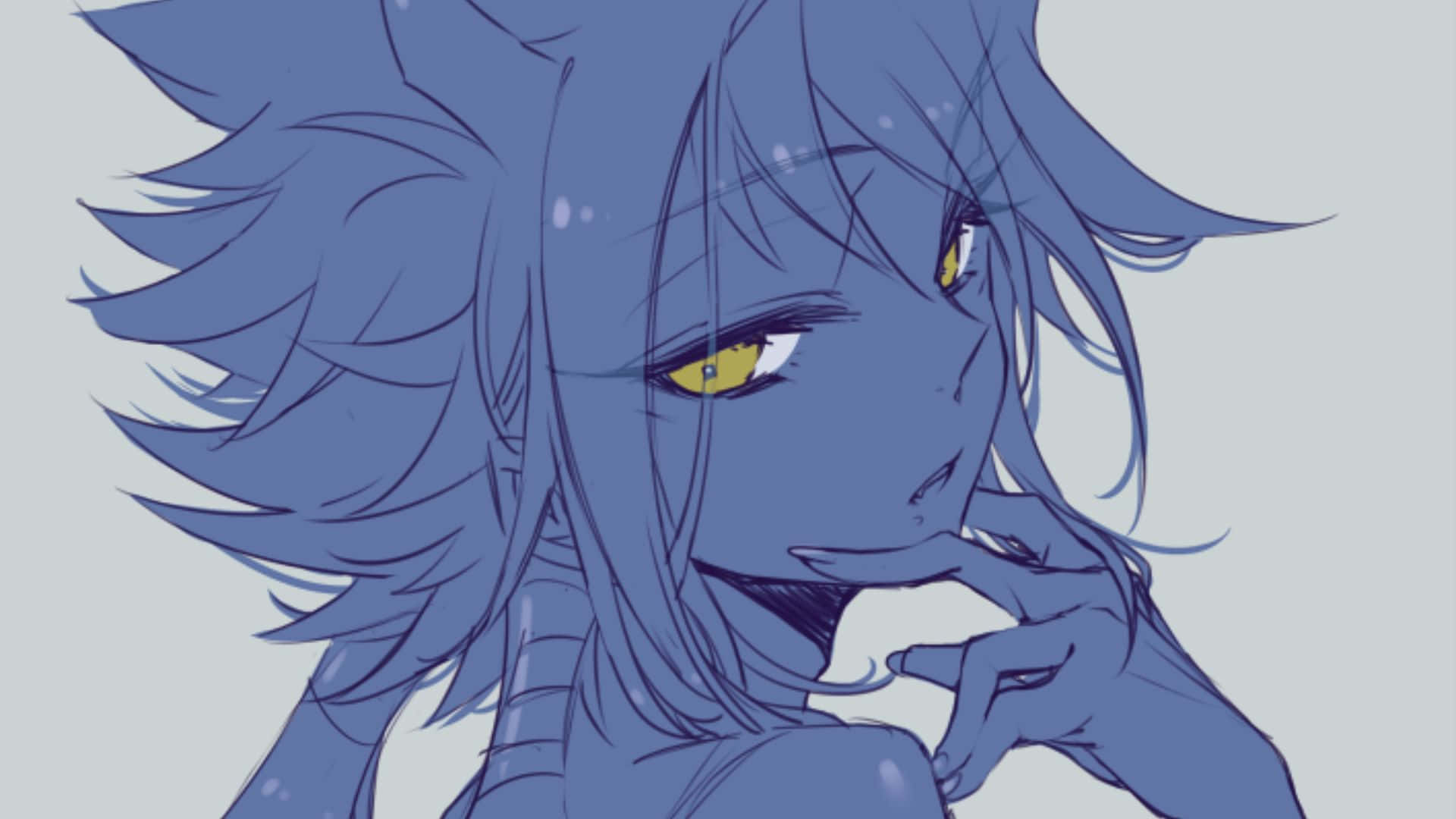 Aigami 桌布 壁紙 — 一個藍髮黃眼的動漫角色，托腮沉思。