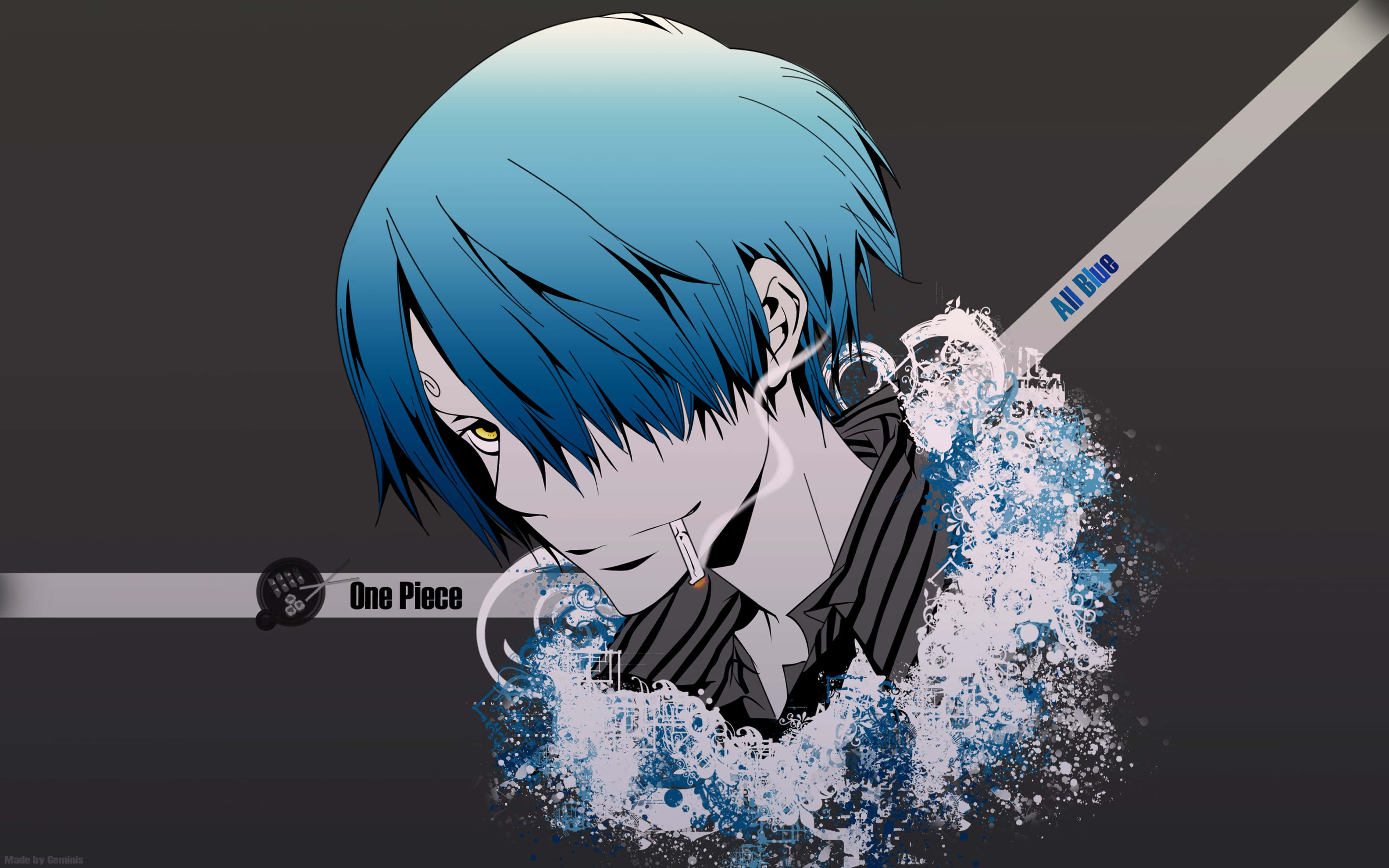 Sanji 桌布 壁紙 — 一個藍髮黃眼的動漫角色在深灰色背景前，水花四濺，露出冷笑。
