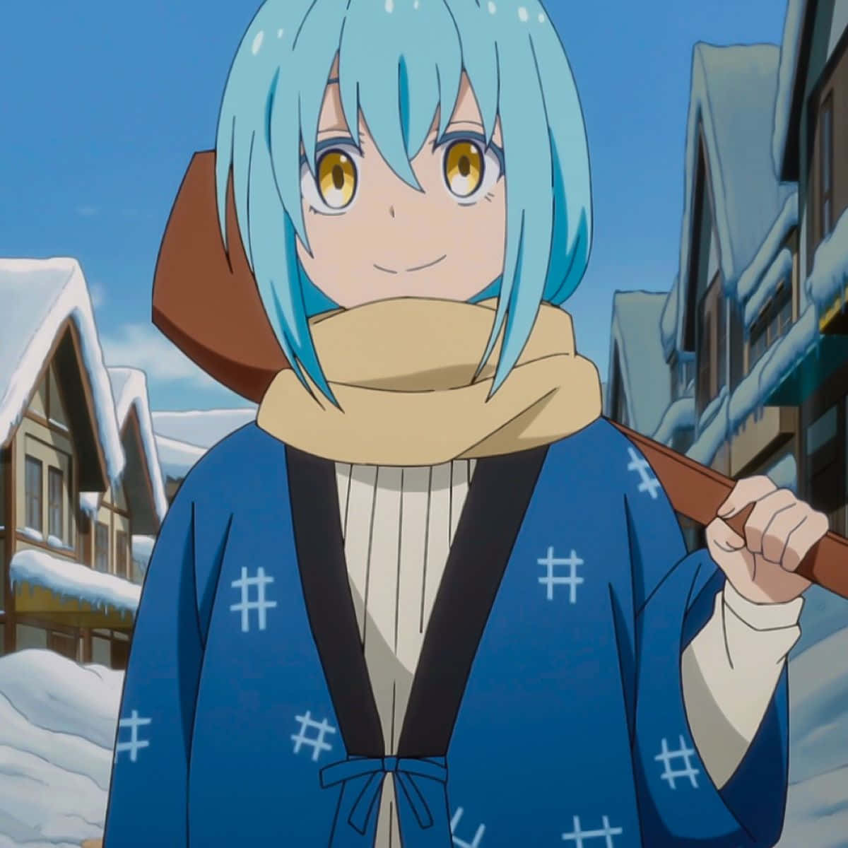 動漫角色 桌布 壁紙 — 一個藍髮黃眼的開朗動漫女孩在雪村街道上微笑著拿著鏟子。