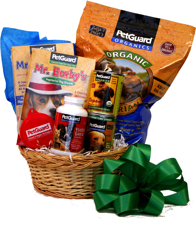 剪貼畫 桌布 壁紙 — 一個藤籃裝滿 PetGuard 有機狗零食和補充品，飾有一個大綠色蝴蝶結。