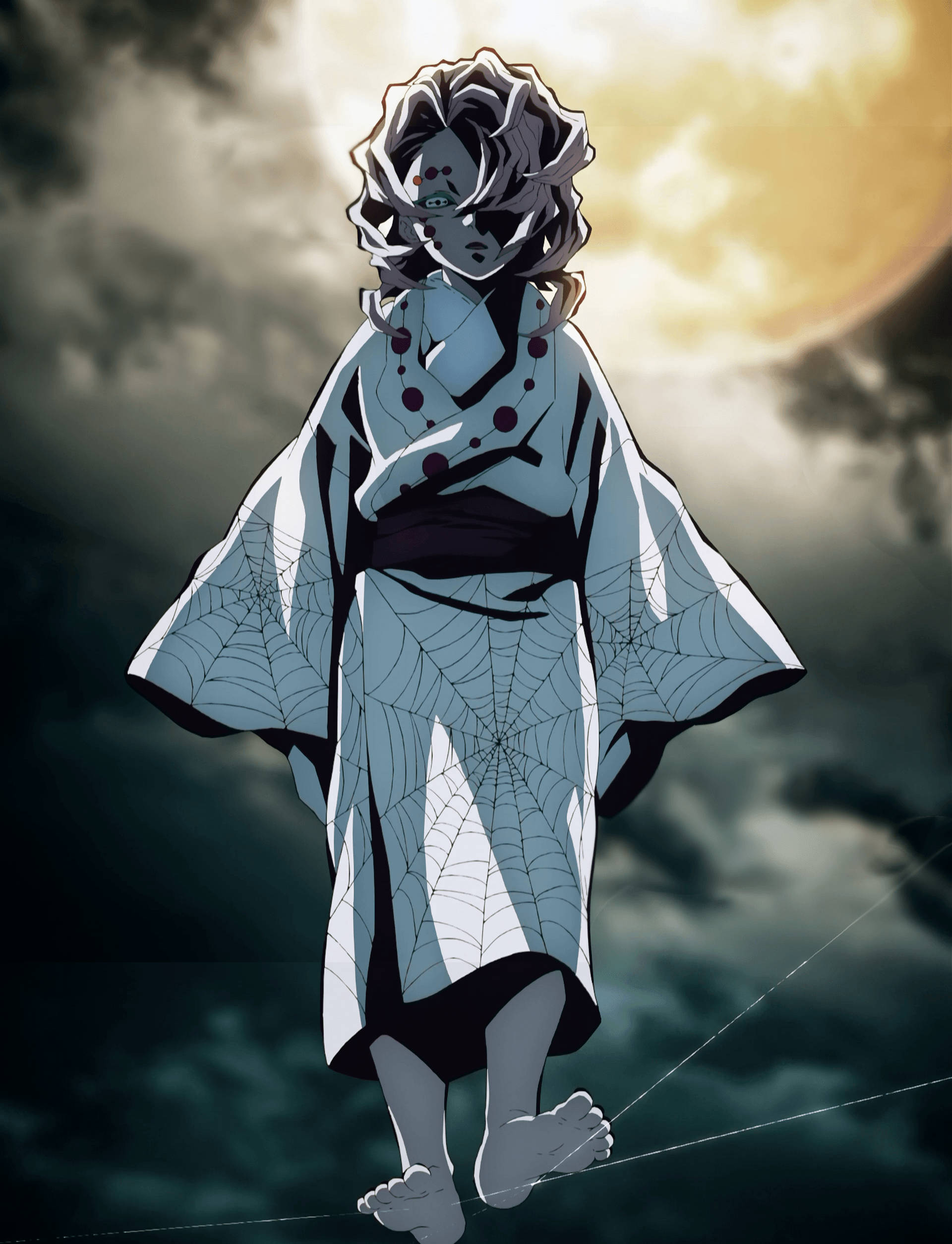 Rui 桌布 壁紙 — 一個蜘蛛主題的動漫角色，穿著蜘蛛網圖案的和服，赤腳站在一條細繩上，背景是戲劇性的多雲天空和發光的太陽。