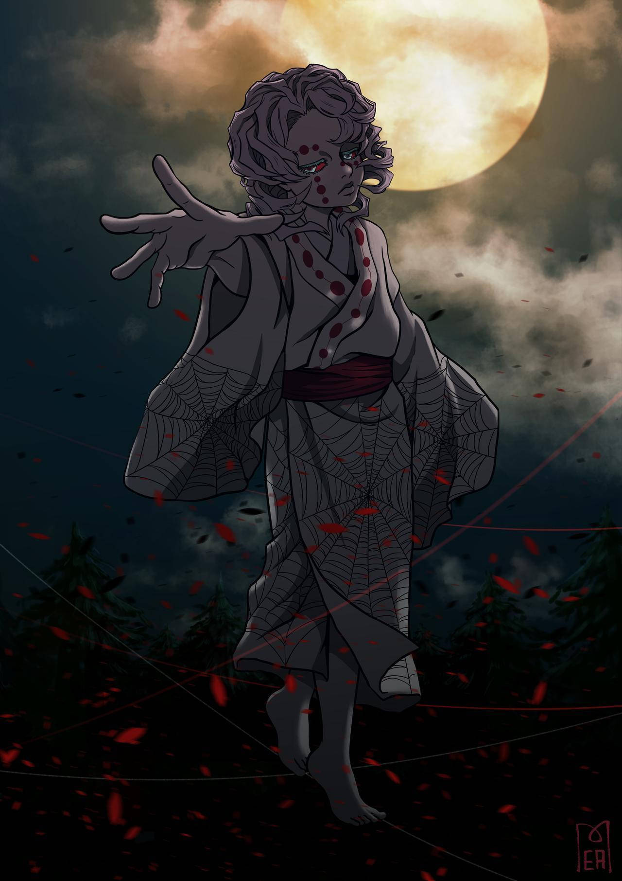 Rui 桌布 壁紙 — 一個蜘蛛主題的動漫角色穿著灰色和服，站在發光的滿月下，紅色花瓣在烏雲中飄舞。