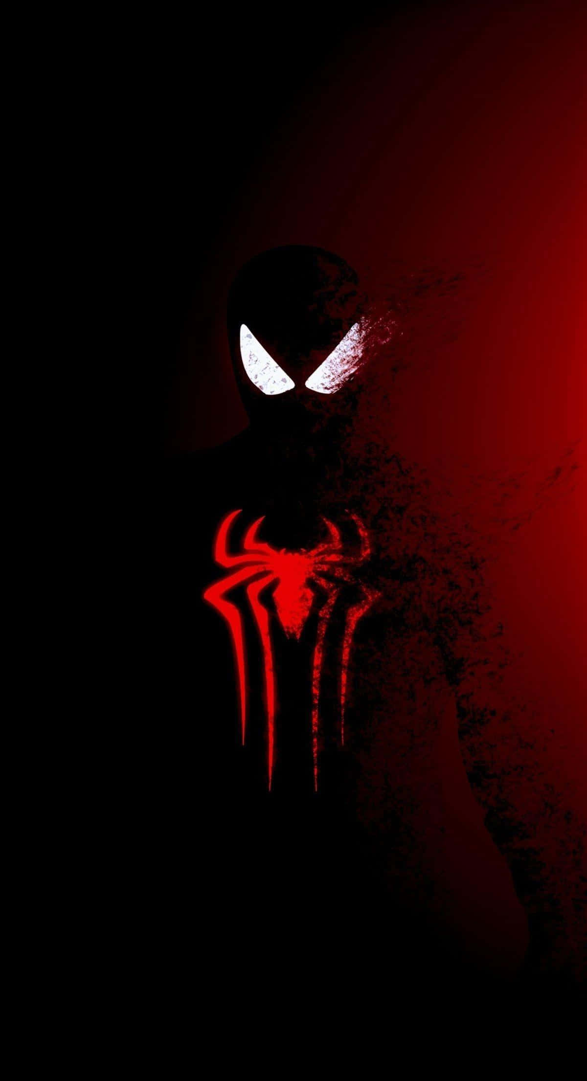 Spider 桌布 壁紙 — 一個蜘蛛主題超級英雄的黑色剪影，帶有發光的白色眼睛和紅色標誌，背景為漸變紅色和黑色。