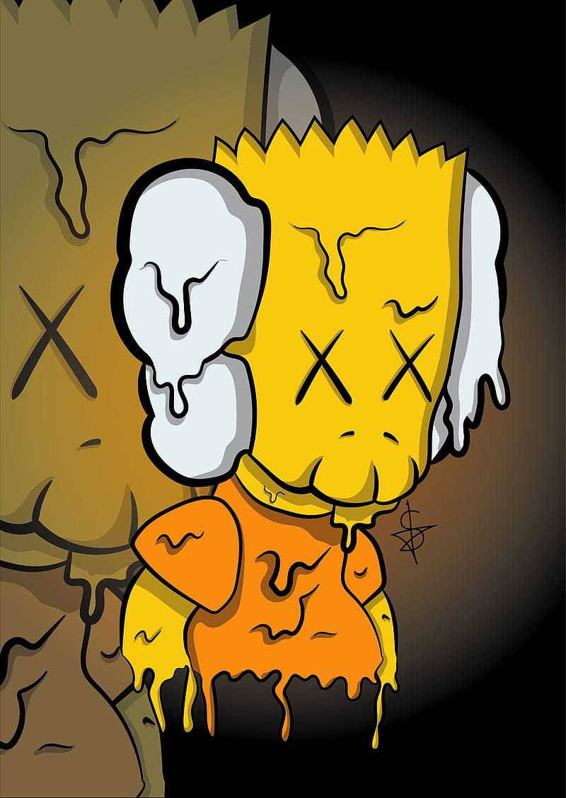 kaws pc 桌布 壁紙 — 一個融化的卡通巴特·辛普森，有X形眼睛和滴落的白色物質，背景是深棕色。