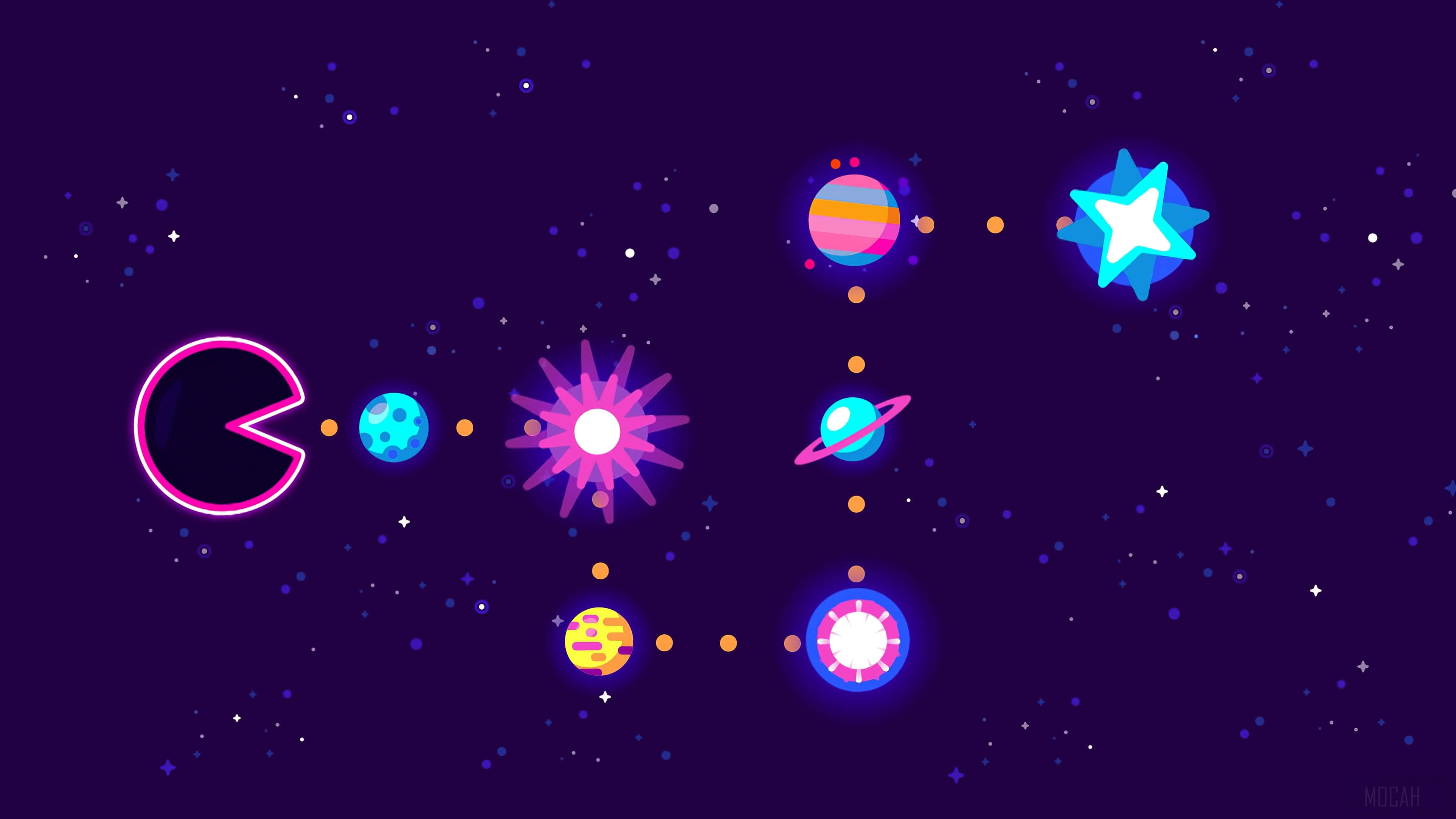 HD Pacman 桌布 壁紙 — 一個螢光粉紅的 Pac-Man 在深紫色星空背景下，沿著宇宙軌跡穿過色彩繽紛的行星和一顆發光的星星。