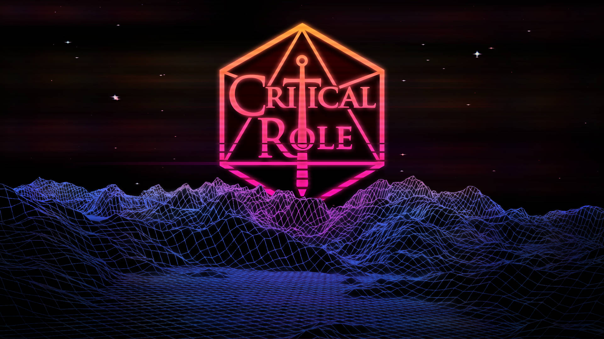 tv 桌布 壁紙 — 一個螢光粉紅色的Critical Role標誌在藍色線框山脈之上發光，背景是星空夜空。