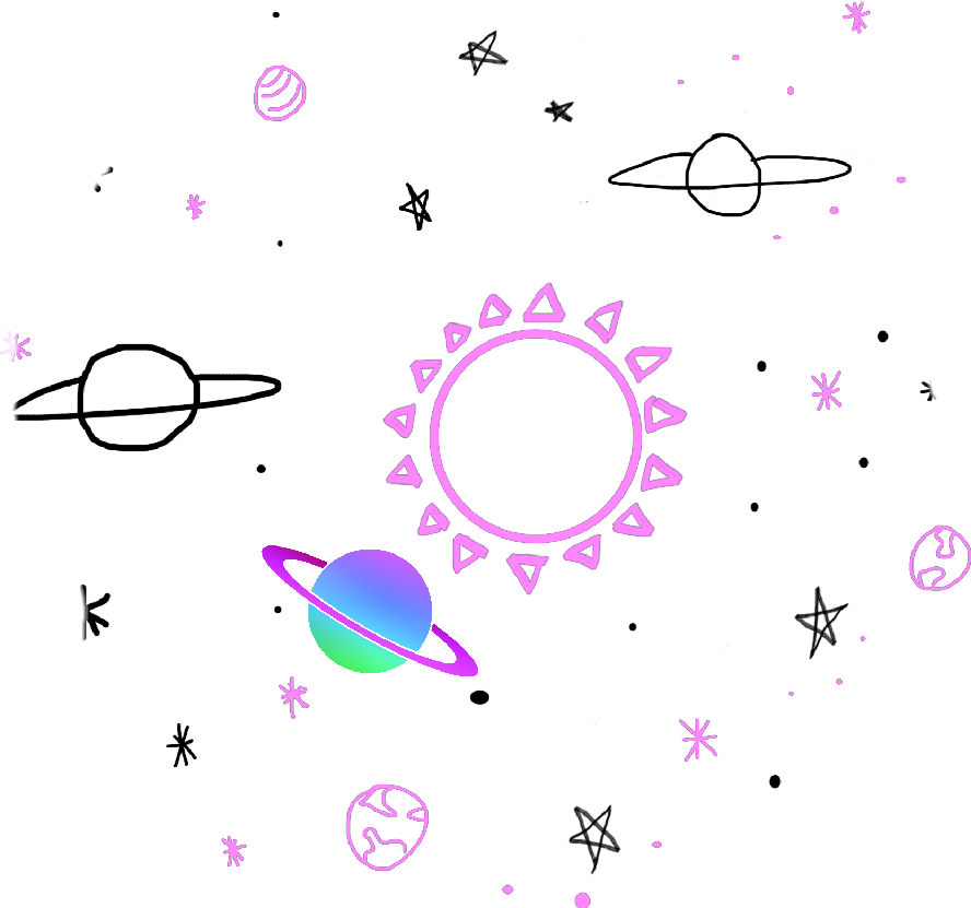 星星 桌布 壁紙 — 一個螢光粉紅色的太陽和行星漂浮在點綴著發光星星和環的黑色虛空中。