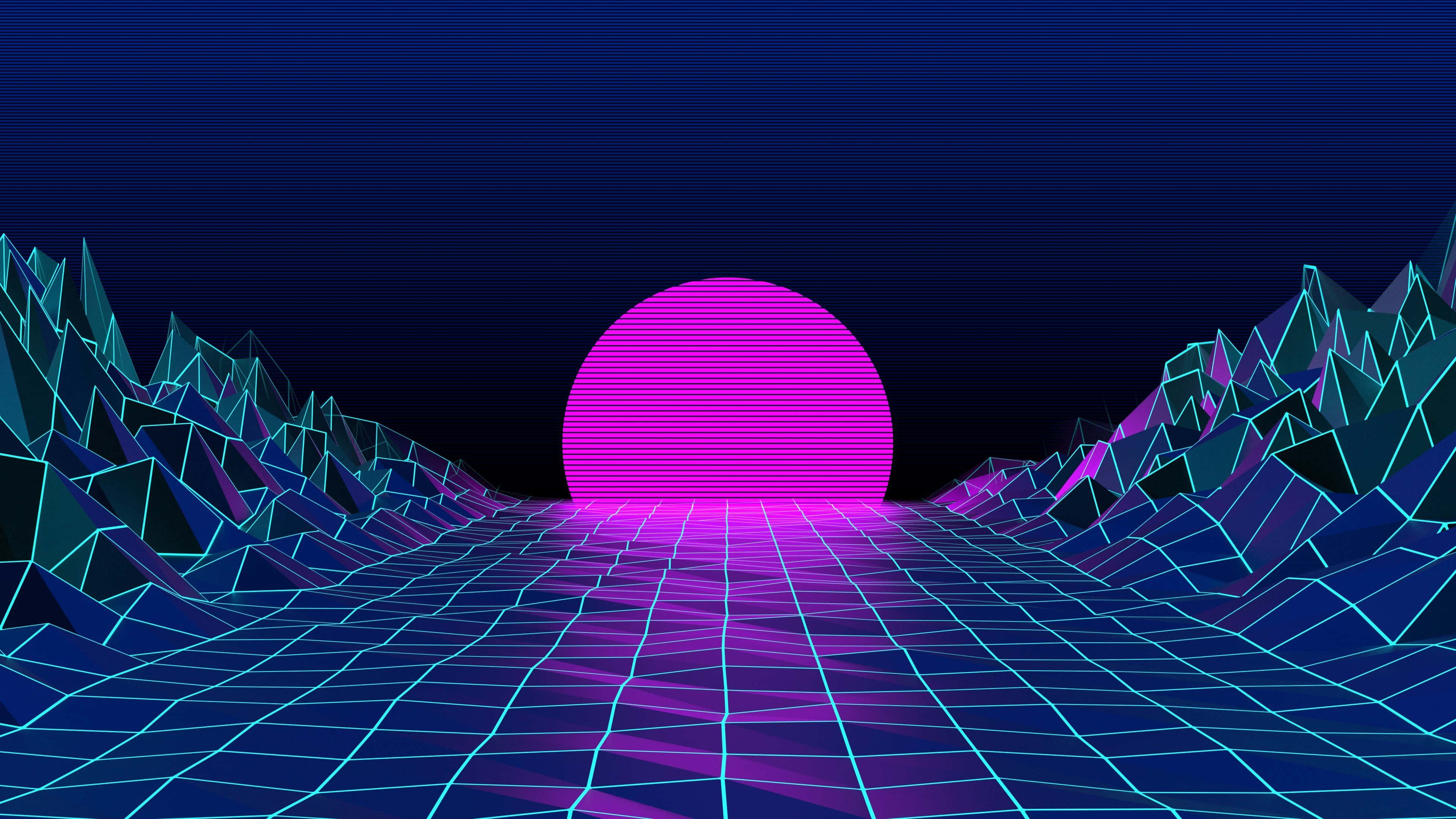 Vaporwave 桌布 壁紙 — 一個螢光粉紅色的太陽在發光的幾何山脈上升起，背景是復古未來風格的網格景觀。