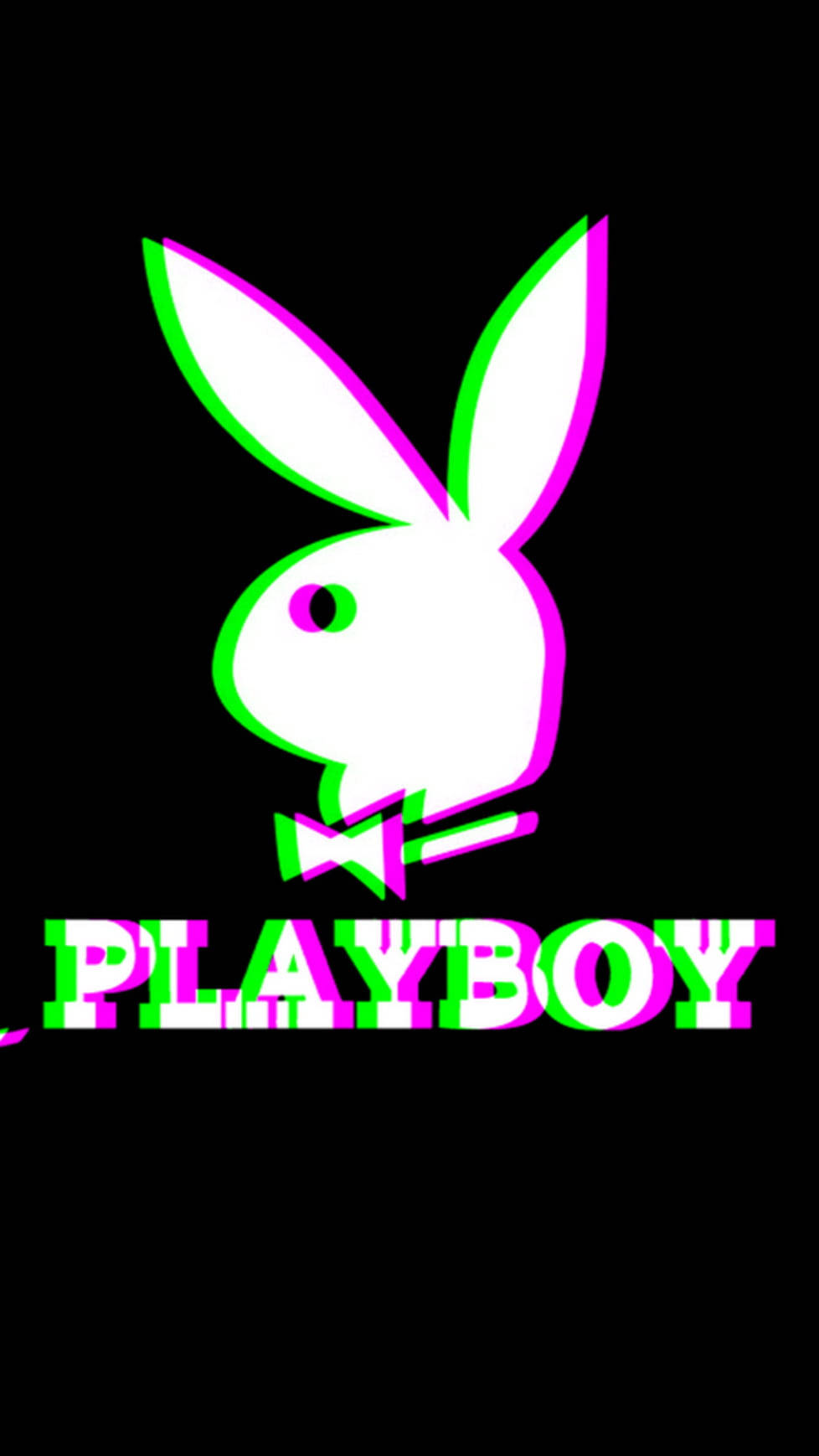 花花公子 桌布 壁紙 — 一個螢光綠和粉紅色的Playboy兔子標誌，帶有蝴蝶結和文字，在黑色背景上發光。