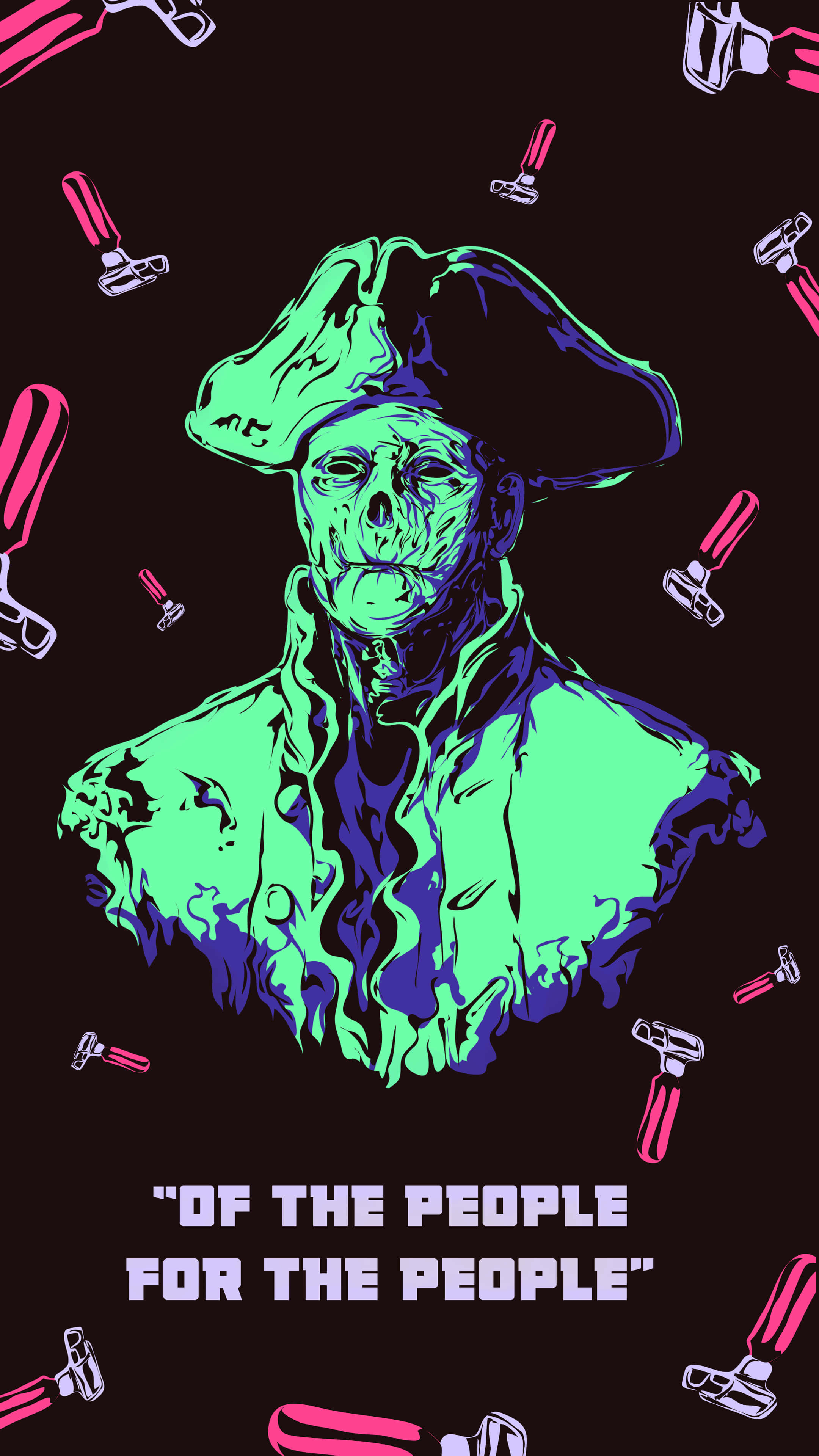 桌布 壁紙 — 一個螢光綠和紫色的插畫骷髏頭，戴著三角帽，被漂浮的剃刀包圍，背景為深色。