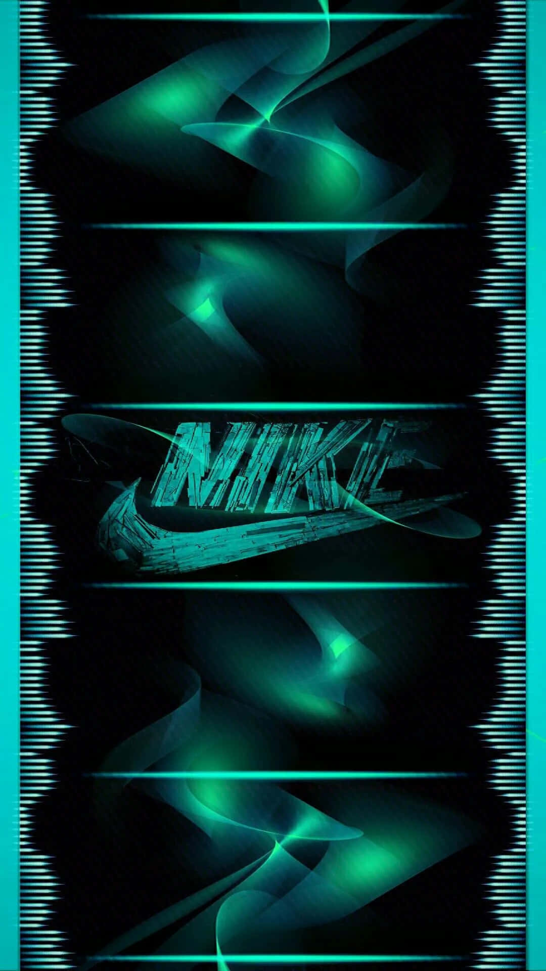 Blue Nike 桌布 壁紙 — 一個螢光青綠色的Nike標誌在黑暗抽象背景上發光，背景有流動的光波和垂直的音波邊框。