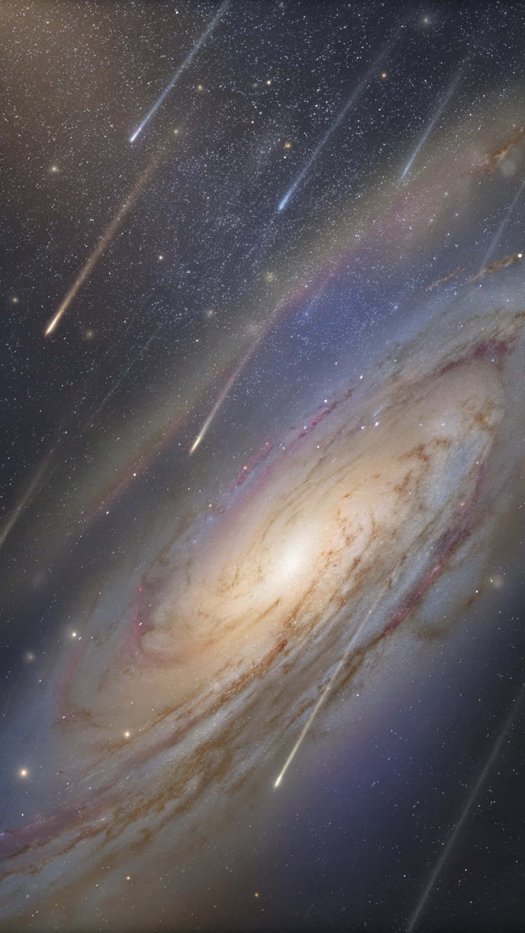 銀河 桌布 壁紙 — 一個螺旋星系，其旋轉的恆星和塵埃臂被明亮的核心照亮，多顆流星在黑暗的宇宙背景下劃過。