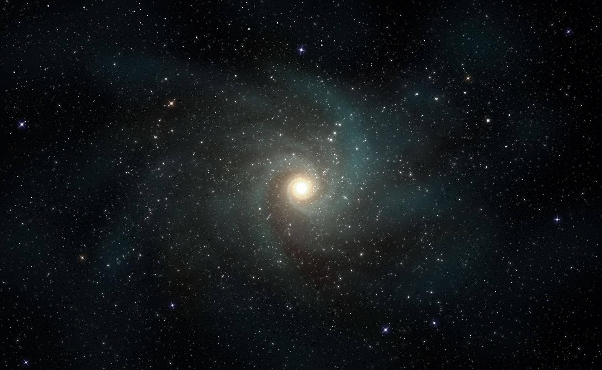 星星動圖 桌布 壁紙 — 一個螺旋星系發出光芒，明亮的核心和旋轉的青綠色和金色臂膀襯托著星場。