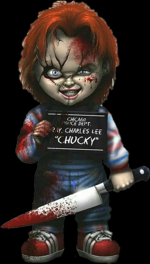 Chucky Doll 桌布 壁紙 — 一個血淋淋的Chucky娃娃，紅髮縫臉，在黑色背景前拿著刀和警察證件。