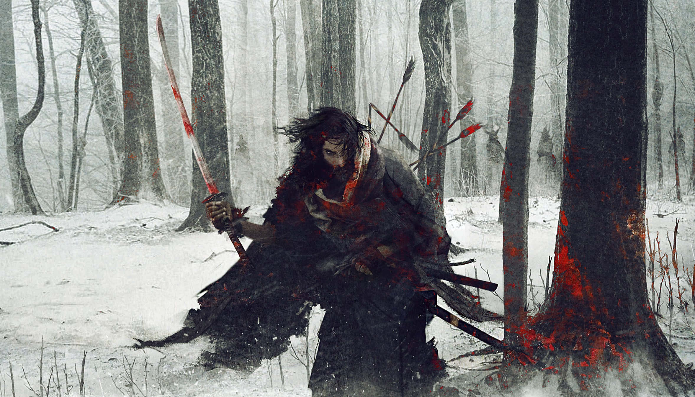 Ronin 桌布 壁紙 — 一個血淋淋的武士戰士站在雪地森林中，手持一把劍，背部和樹上插著箭。