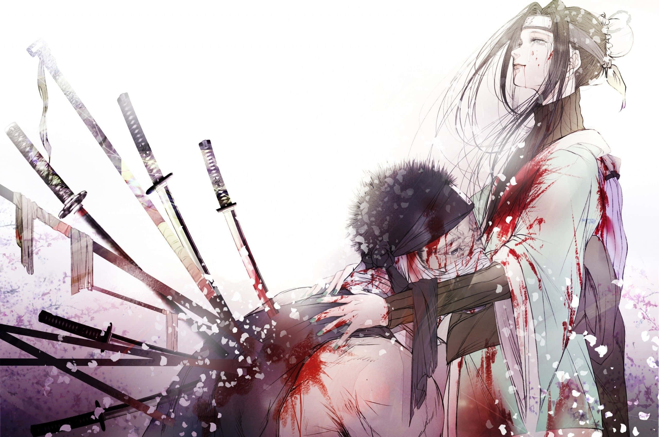 Naruto Haku 桌布 壁紙 — 一個血淋淋的武士擁抱著倒下的同伴，櫻花在散落的劍周圍飄揚，天空明亮。