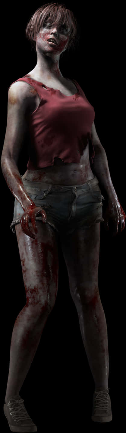 Undead 桌布 壁紙 — 一個血淋淋的殭屍女人，穿著破爛的紅色上衣和牛仔短褲，站在黑色背景前。