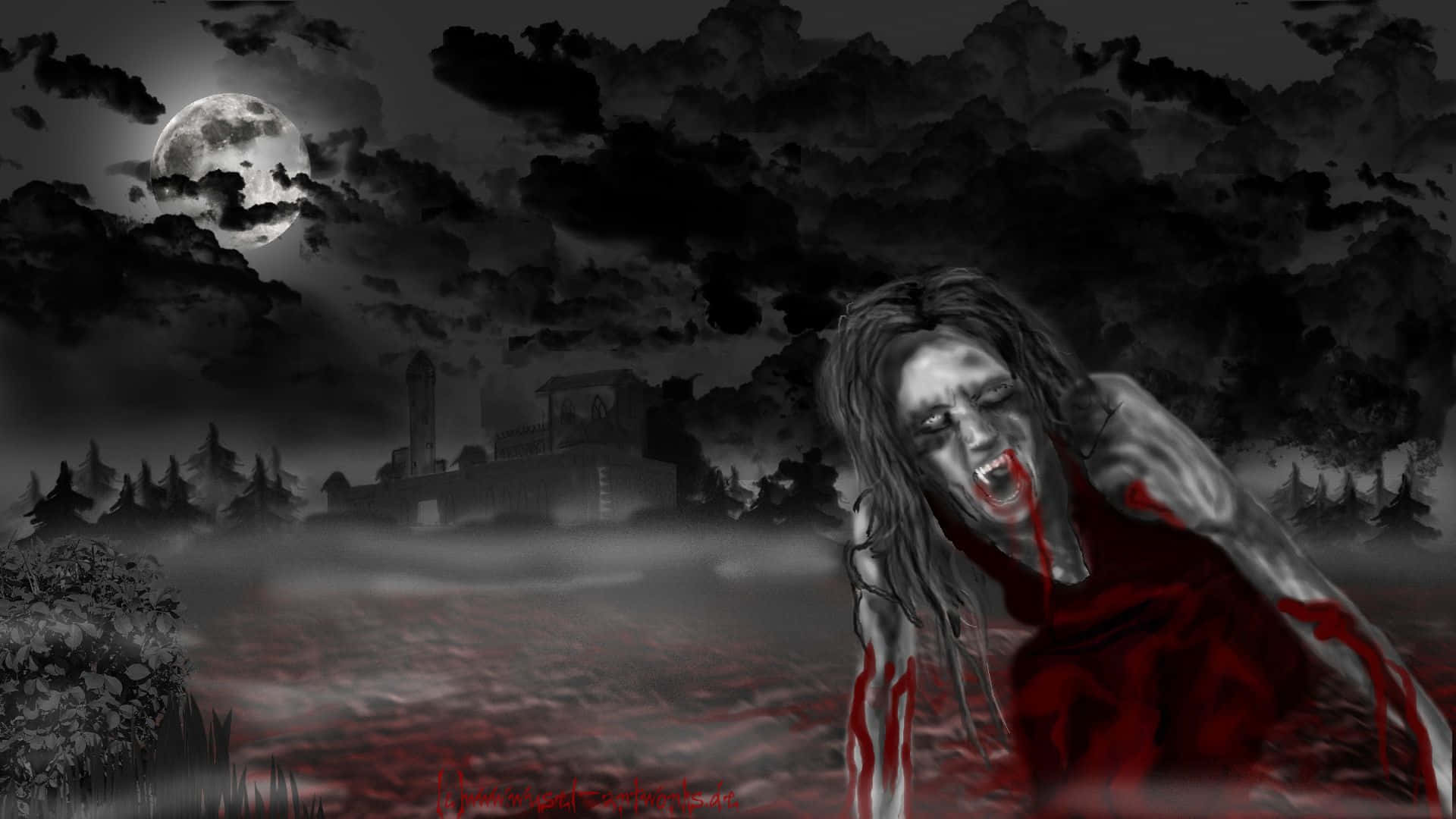 Dark Vampire 桌布 壁紙 — 一個血淋淋的殭屍女人在滿月下爬過霧氣瀰漫的沼澤，背景有一座鬼魅城堡。