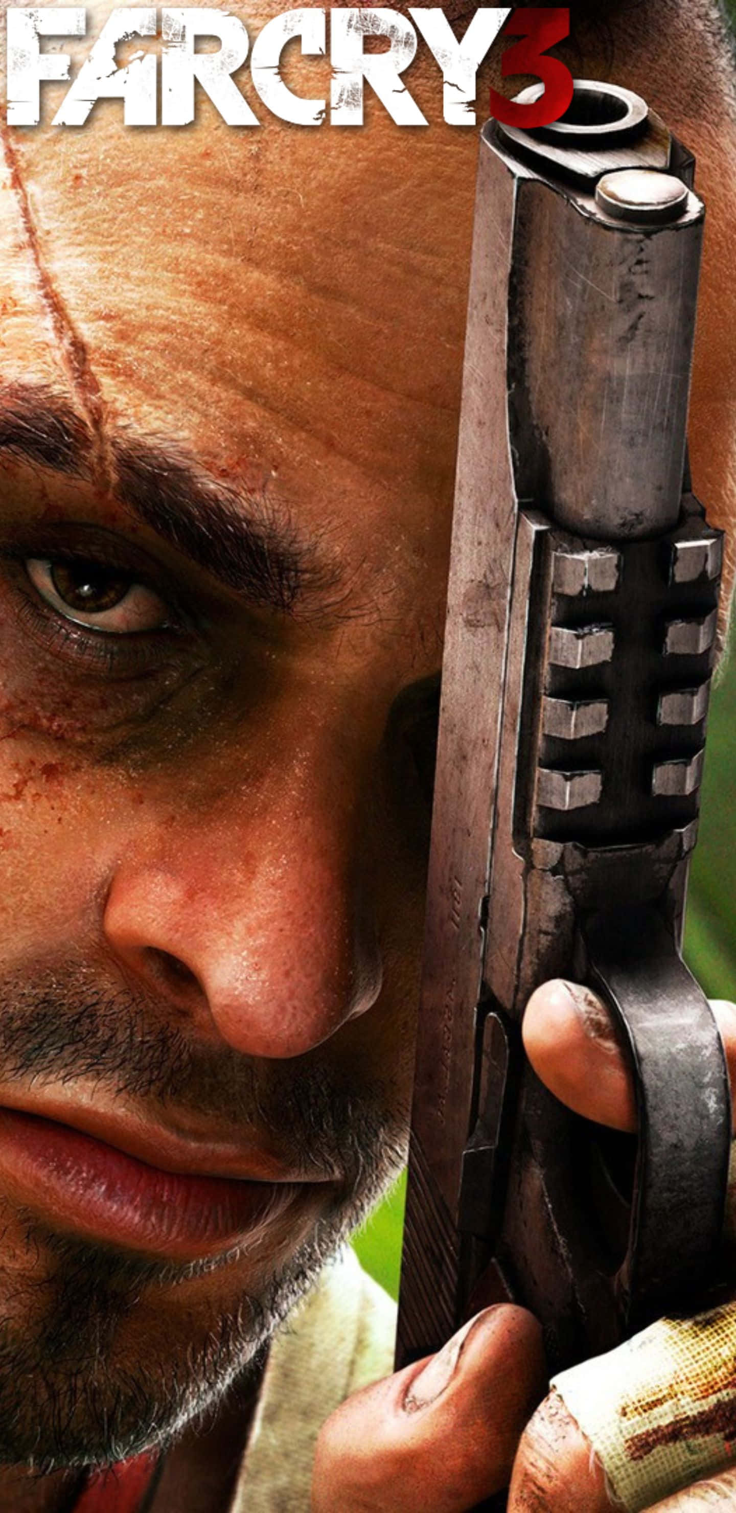 Pixel 3xl Far Cry 3 桌布 壁紙 — 一個血淋淋的男人在叢林背景下握著手槍，眼神銳利的粗獷特寫。