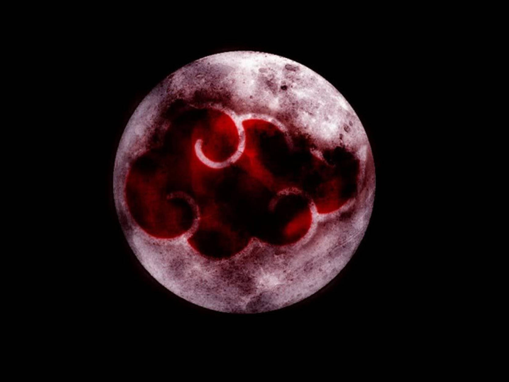 Moon Aesthetic 桌布 壁紙 — 一個血紅色的雲朵符號在黑色虛空中，對著一個有紋理的灰色月亮發光。
