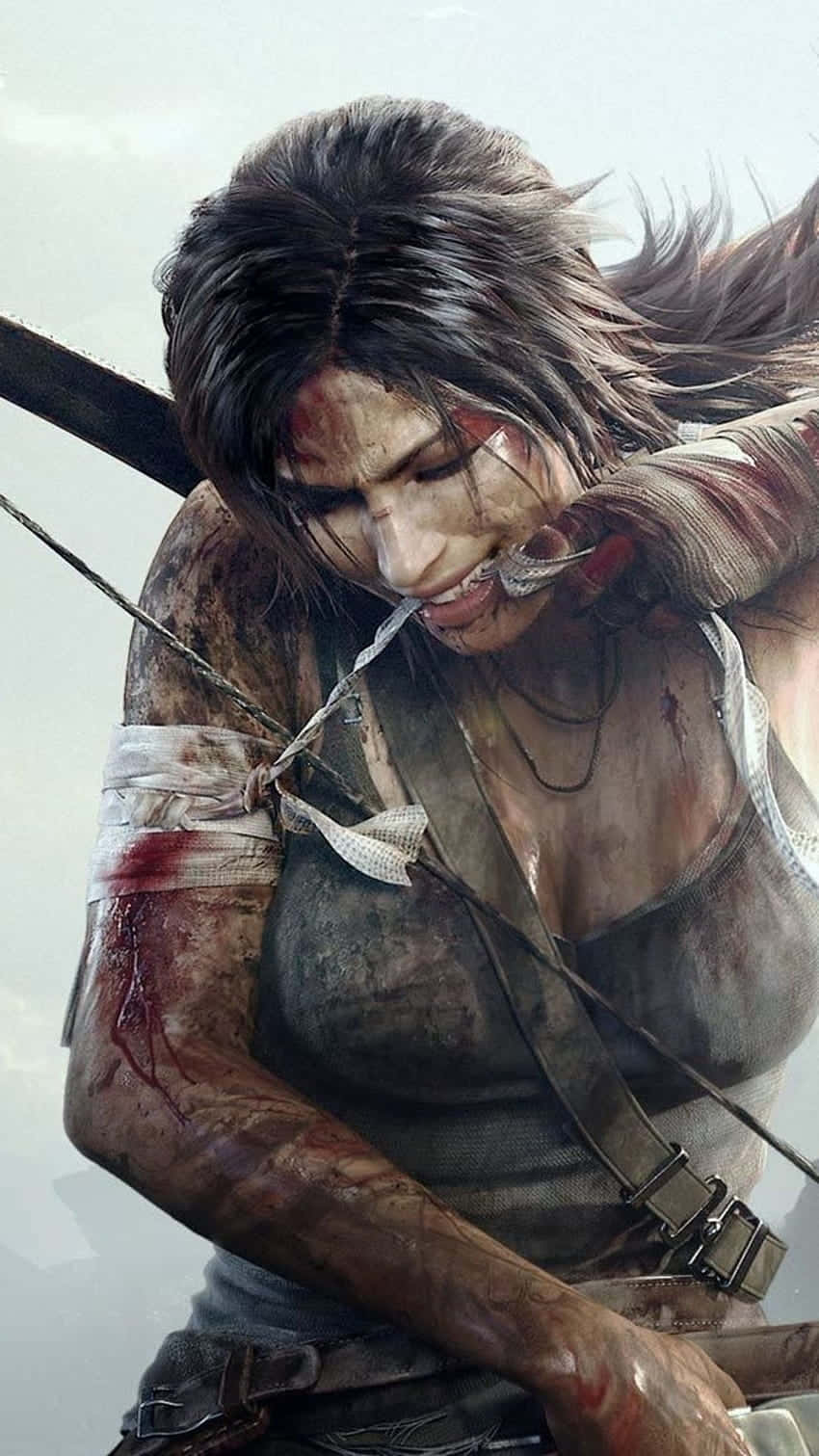 Best Gaming 桌布 壁紙 — 一個血腥女戰士的粗獷數位肖像，口中含著弓弦，衣服破爛。