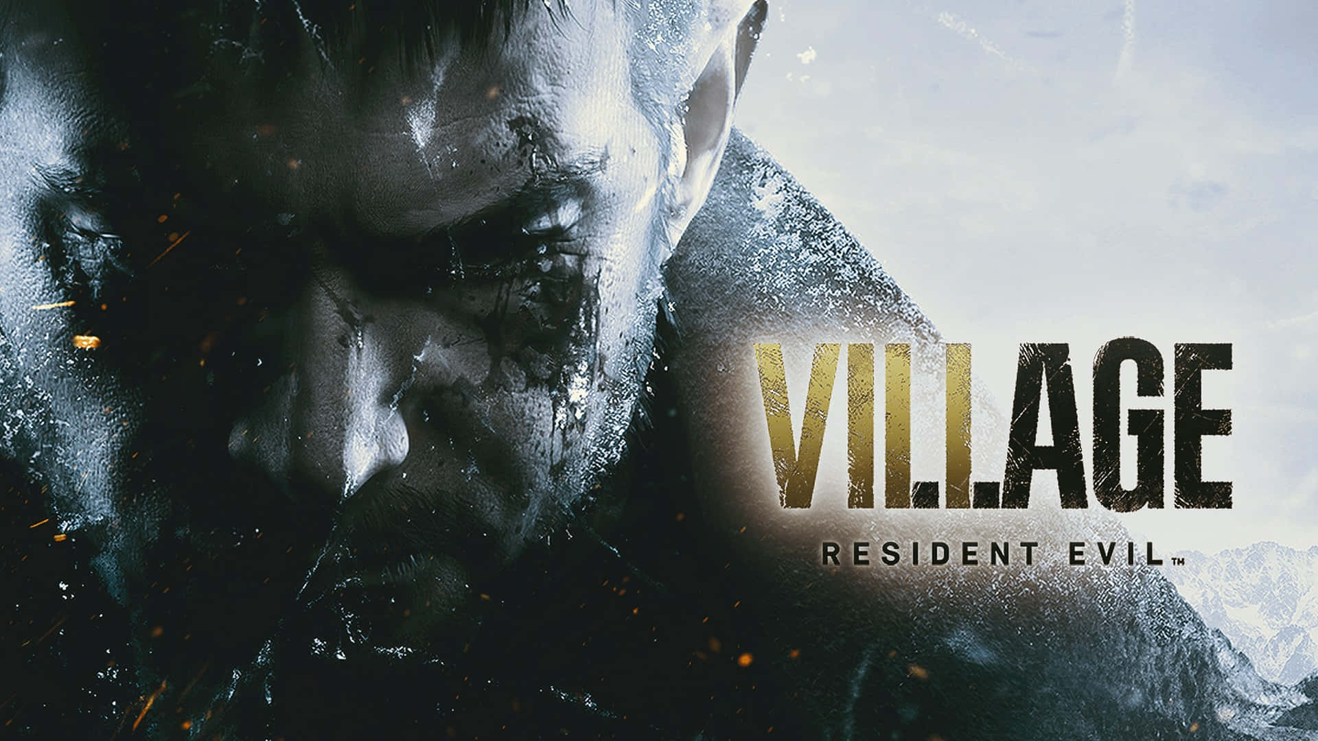 Resident Evil Village 桌布 壁紙 — 一個血腥男人的臉部特寫，火花飛濺，背景是雪山，標題是「Village」。