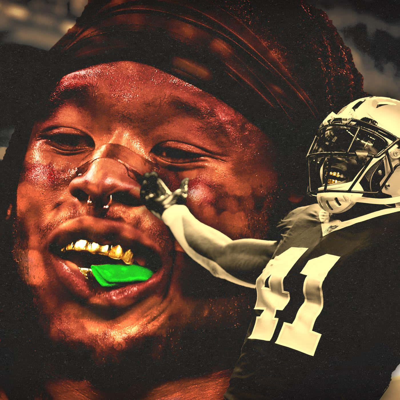 Alvin Kamara 桌布 壁紙 — 一個血腥足球運動員的粗糙特寫，有金牙和綠色舌頭，疊加一個戴頭盔的黑白裝備球員。