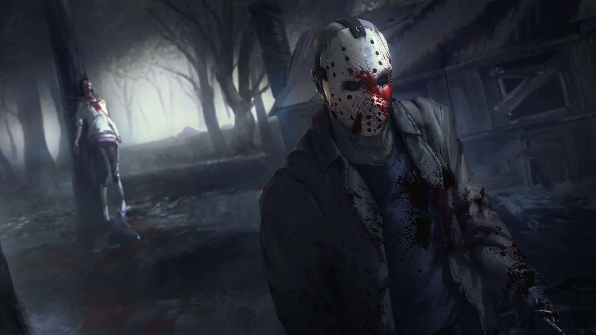 傑森·沃爾希斯 桌布 壁紙 — 一個血跡斑斑、戴著曲棍球面具的Jason Voorhees在迷霧森林中潛行，背景中有一個受害者。