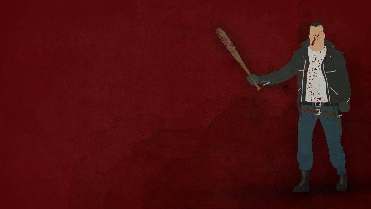 Negan 桌布 壁紙 — 一個血跡斑斑、身穿外套的男人，在質感豐富的深紅色背景前揮舞著球棒。