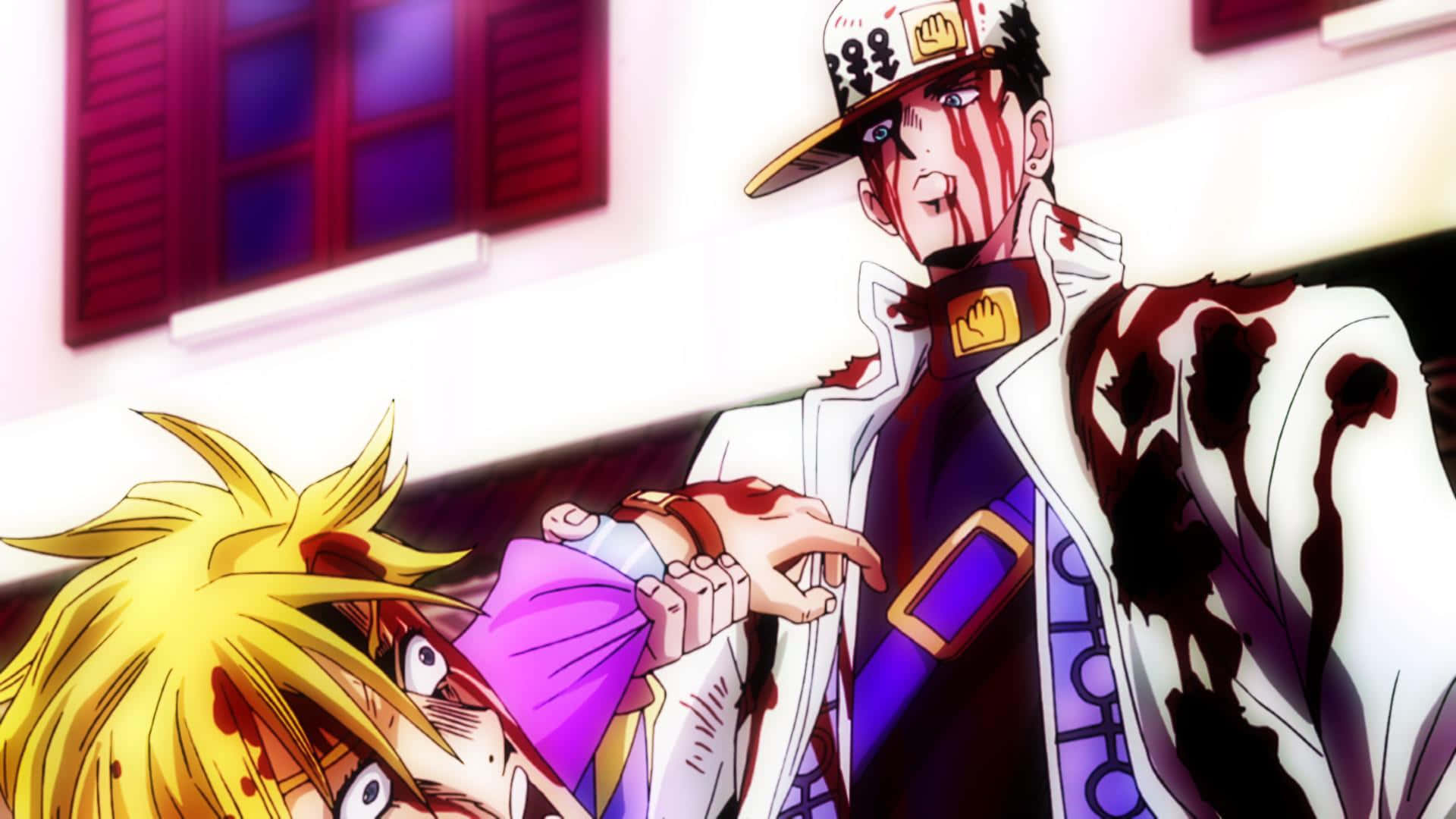 Jean Pierre Polnareff 桌布 壁紙 — 一個血跡斑斑、身穿白色外套的動漫角色，在一個戲劇性的城市場景中，站在另一個受傷的角色之上。