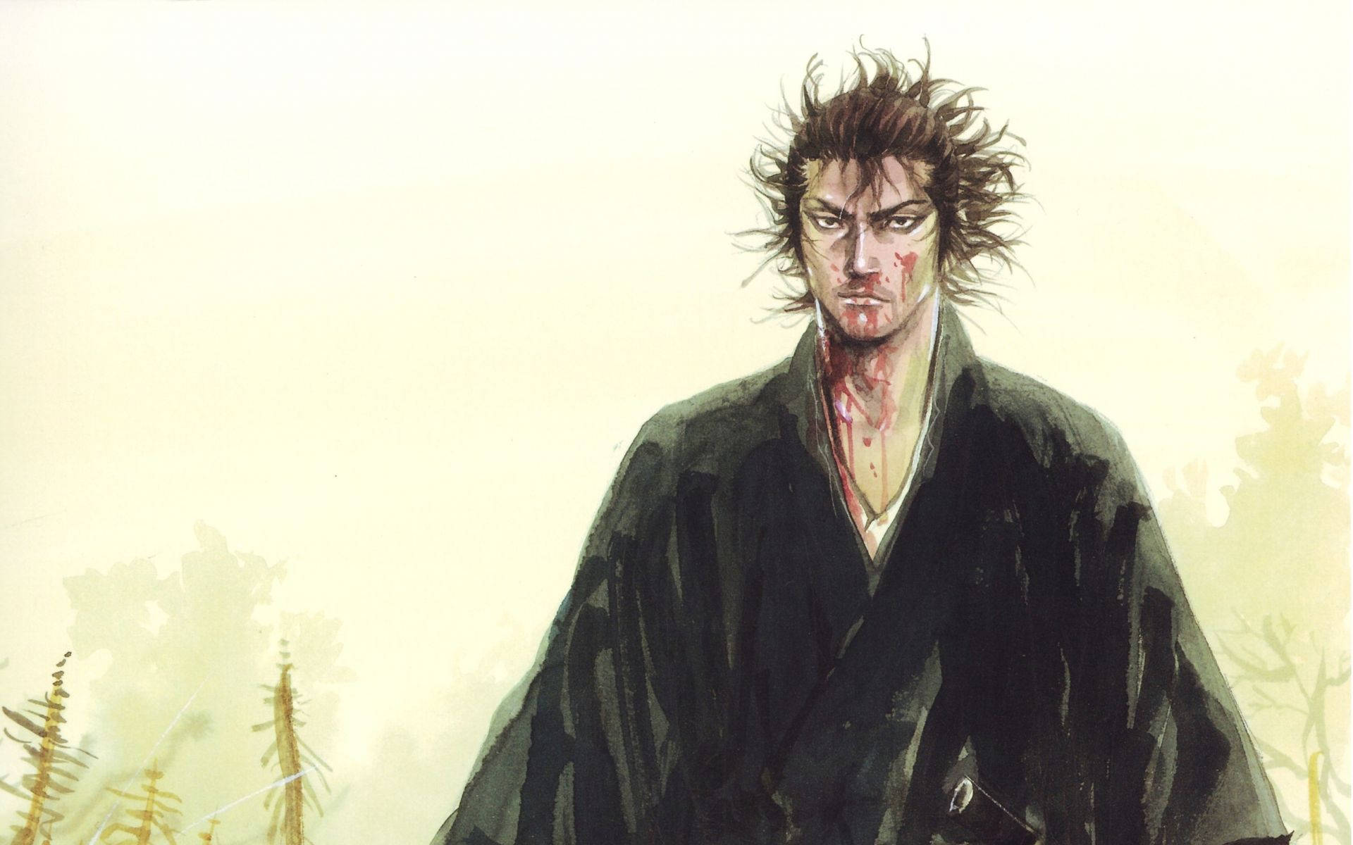 Japanese Aesthetic 桌布 壁紙 — 一個血跡斑斑、頭髮凌亂的武士戰士莊嚴地站在迷霧森林中，他的深色長袍與蒼白的背景形成對比。