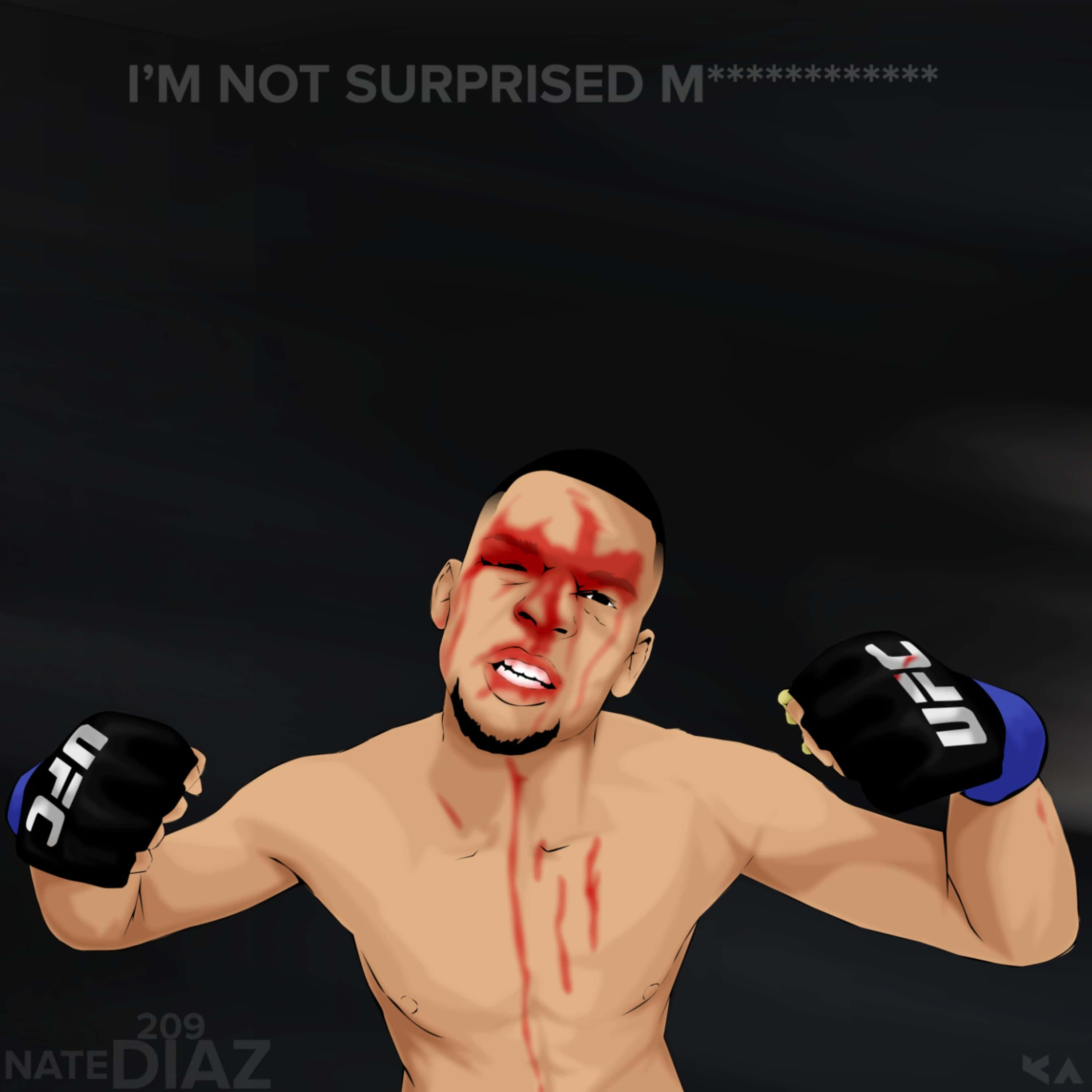 UFC 桌布 壁紙 — 一個血跡斑斑的UFC拳手，表情兇猛，舉起手套，背景昏暗。