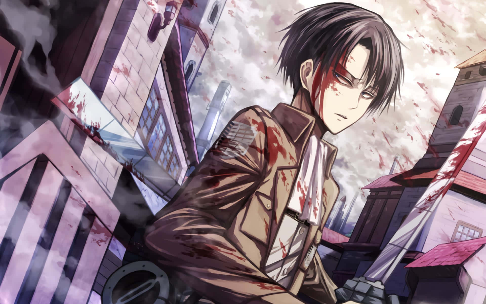 Levi Ackerman Desktop 桌布 壁紙 — 一個血跡斑斑的動漫士兵站在破碎的建築物中，暴風雨的天空下碎片飛揚。