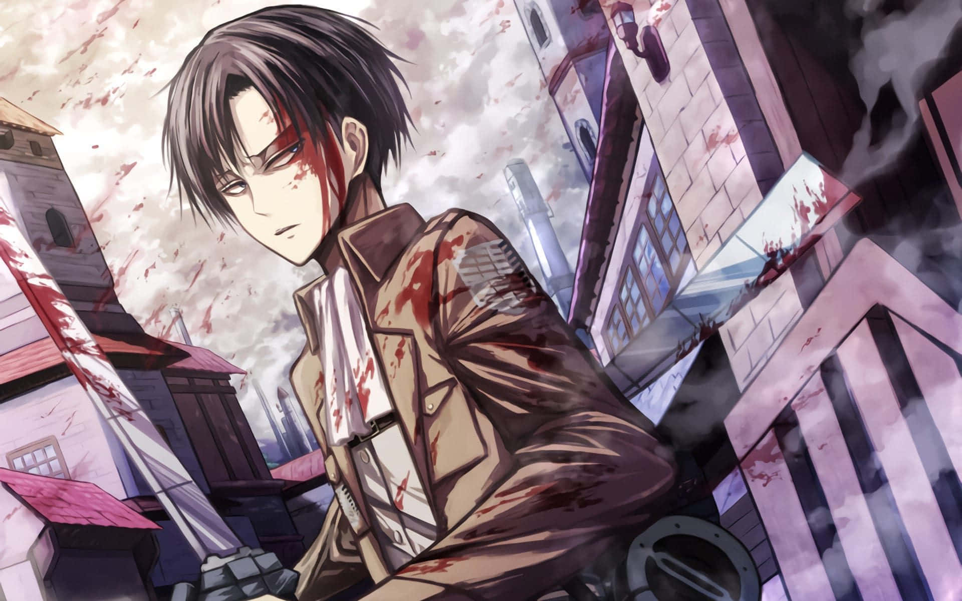 Levi Ackerman Desktop 桌布 壁紙 — 一個血跡斑斑的動漫士兵站在陰天天空下，戰火摧殘的城市景觀中破碎的建築物之間。