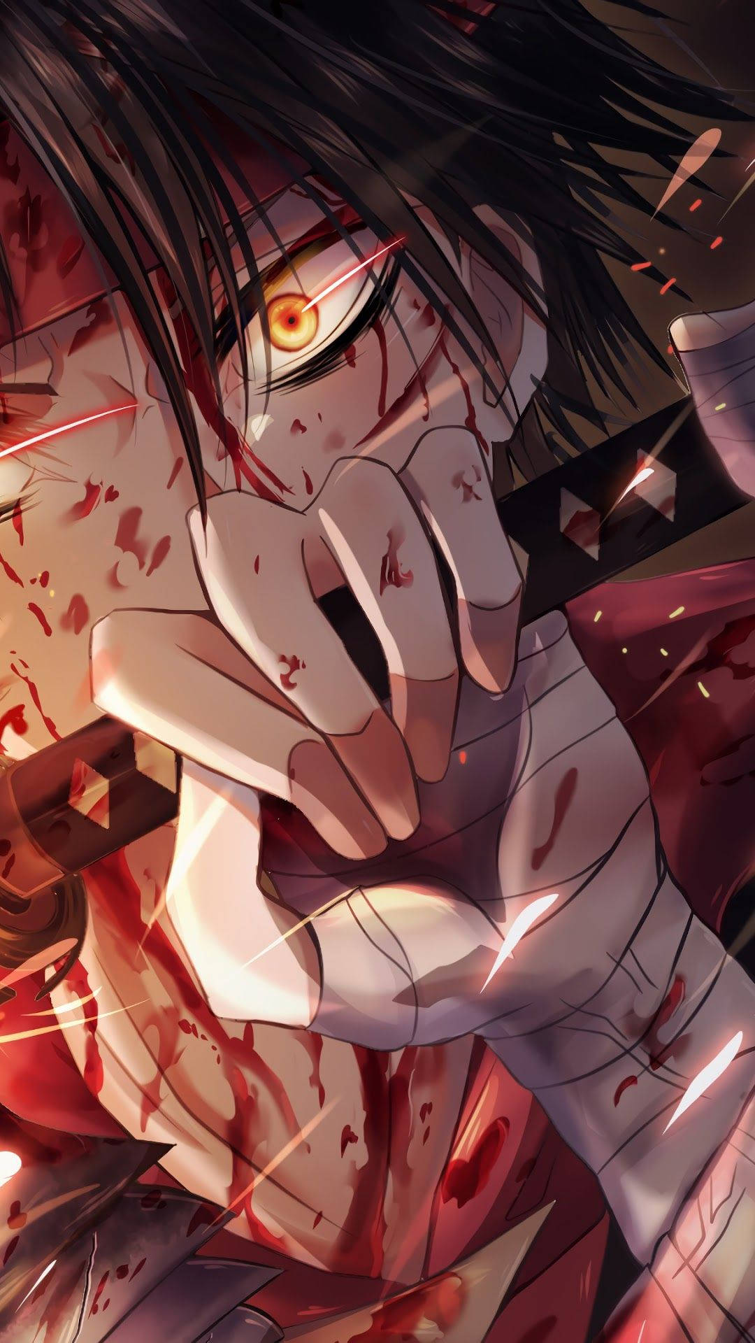 Crazy Anime Boy 桌布 壁紙 — 一個血跡斑斑的動漫角色，琥珀色眼睛閃爍著光芒，在深紅色的飛濺背景中緊握武器。