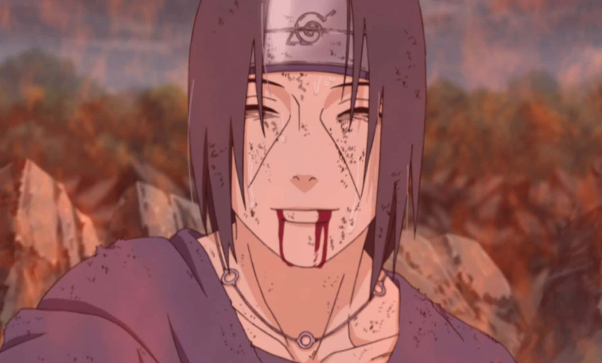 Sad Anime Death 桌布 壁紙 — 一個血跡斑斑的動漫角色，紫色頭髮和頭帶，在岩石秋季背景下陰森地微笑。